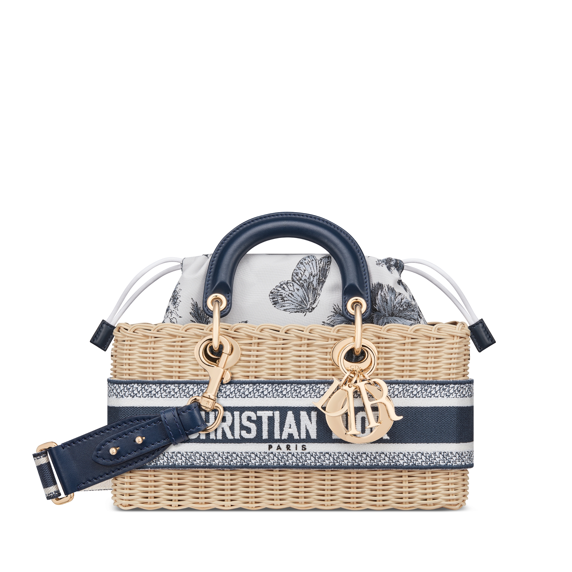 Medium Lady D-Joy Bag Natural Wicker with White and Blue Toile de Jouy Palms Jacquard E01