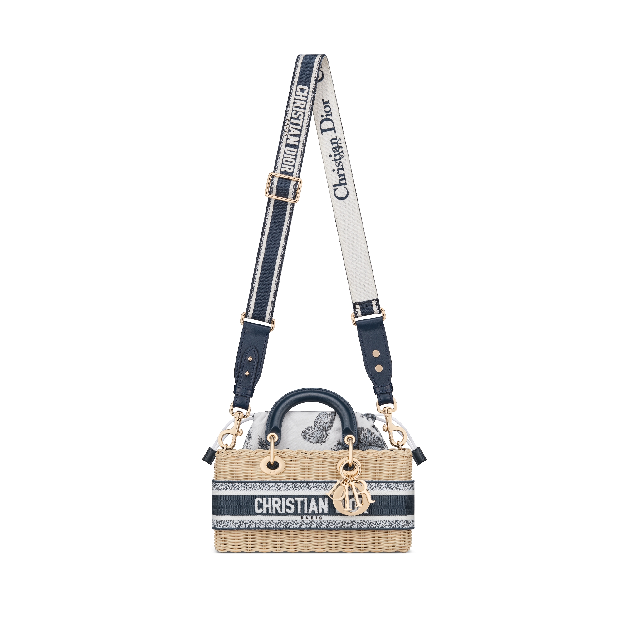 Medium Lady D-Joy Bag Natural Wicker with White and Blue Toile de Jouy Palms Jacquard E07