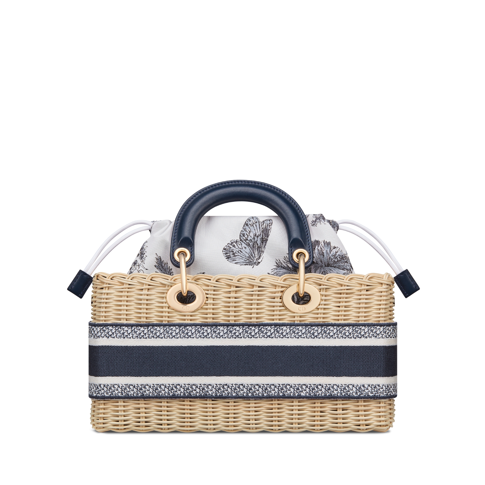 Medium Lady D-Joy Bag Natural Wicker with White and Blue Toile de Jouy Palms Jacquard E08