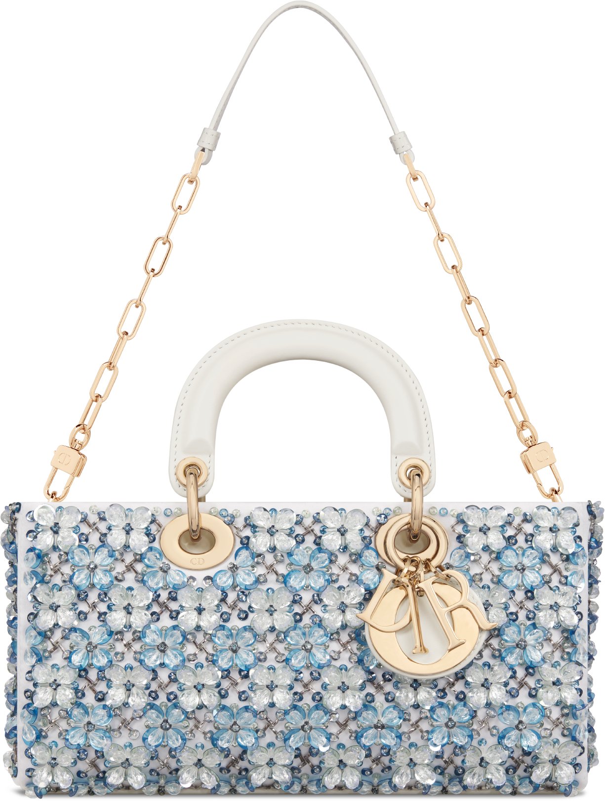 Medium Lady D Joy Bag Latte Satin Embroidered with Denim Blue Flowers and Strass DIOR