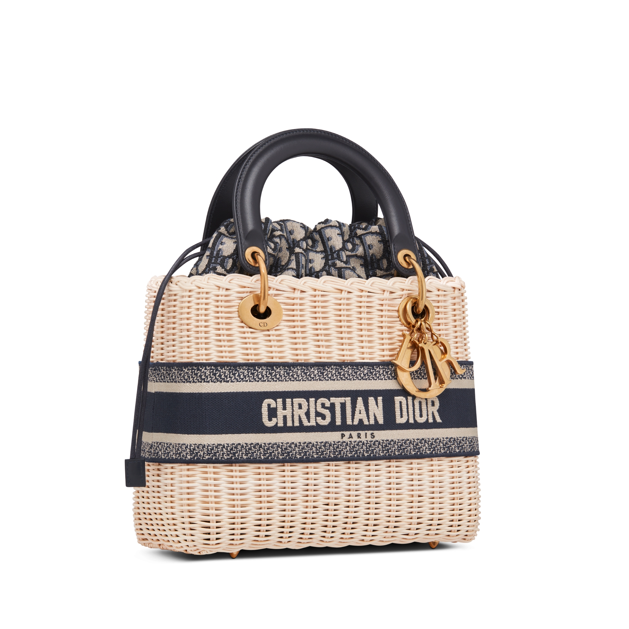Mittelgroße Lady Dior Tasche Rattan in Naturfarbe und Dior Oblique Jacquard in Blau E03