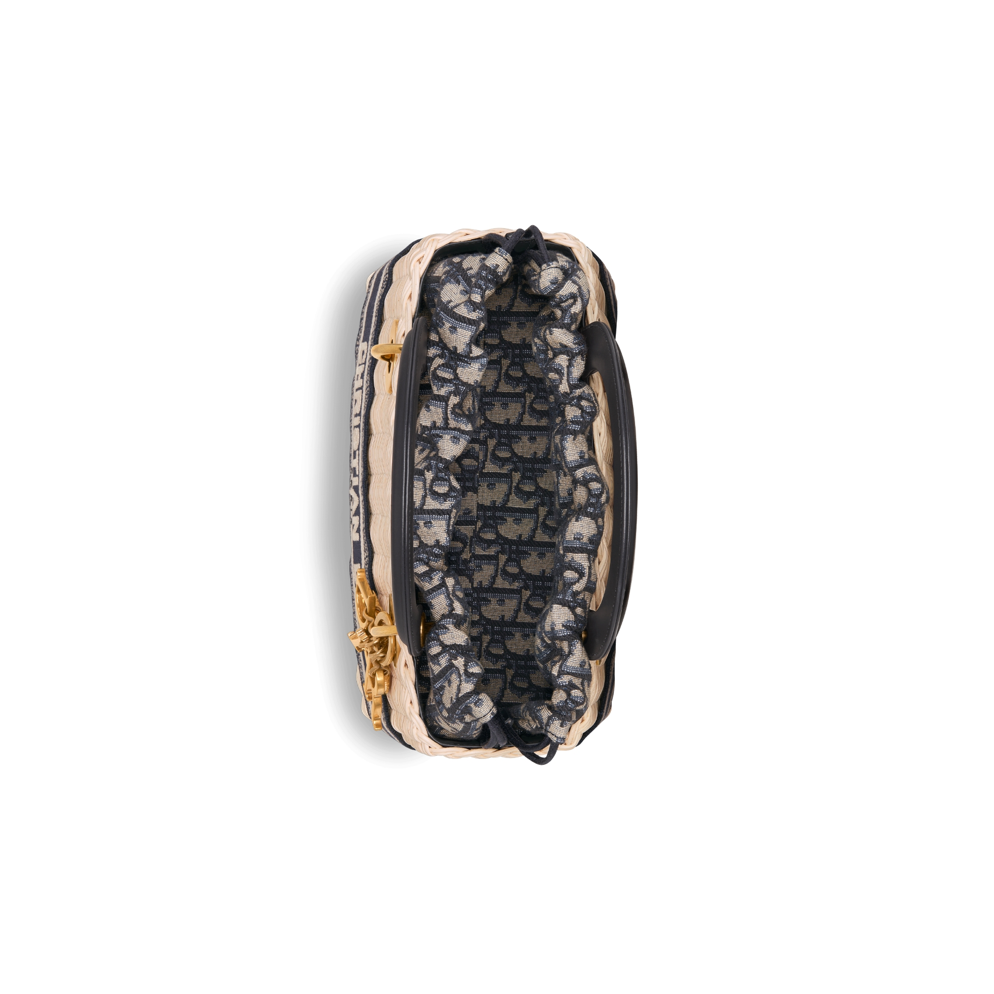 Mittelgroße Lady Dior Tasche Rattan in Naturfarbe und Dior Oblique Jacquard in Blau E06