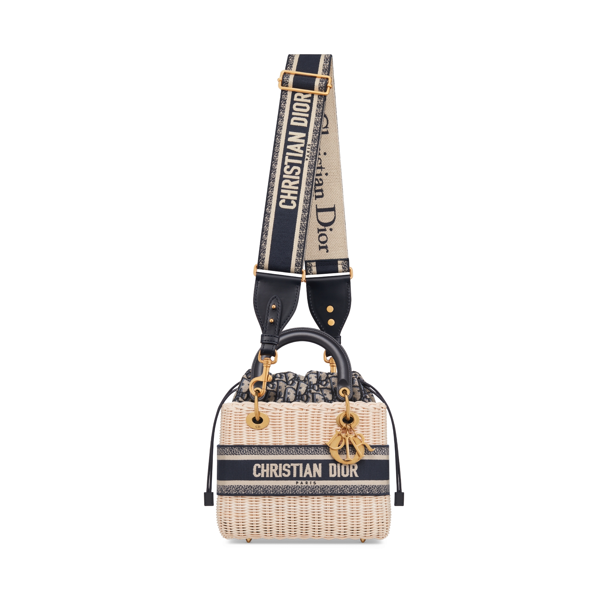 Mittelgroße Lady Dior Tasche Rattan in Naturfarbe und Dior Oblique Jacquard in Blau E07