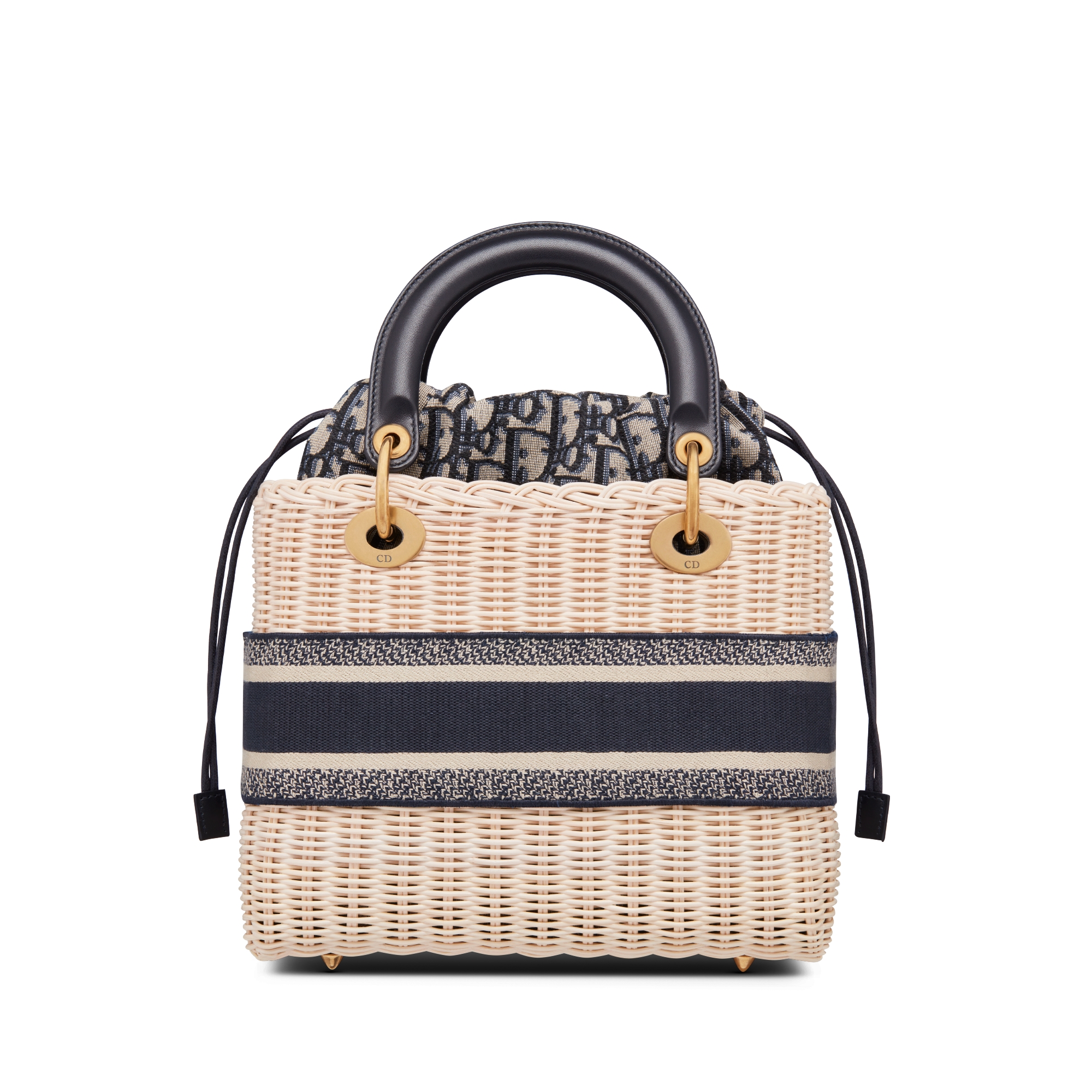 Mittelgroße Lady Dior Tasche Rattan in Naturfarbe und Dior Oblique Jacquard in Blau E08