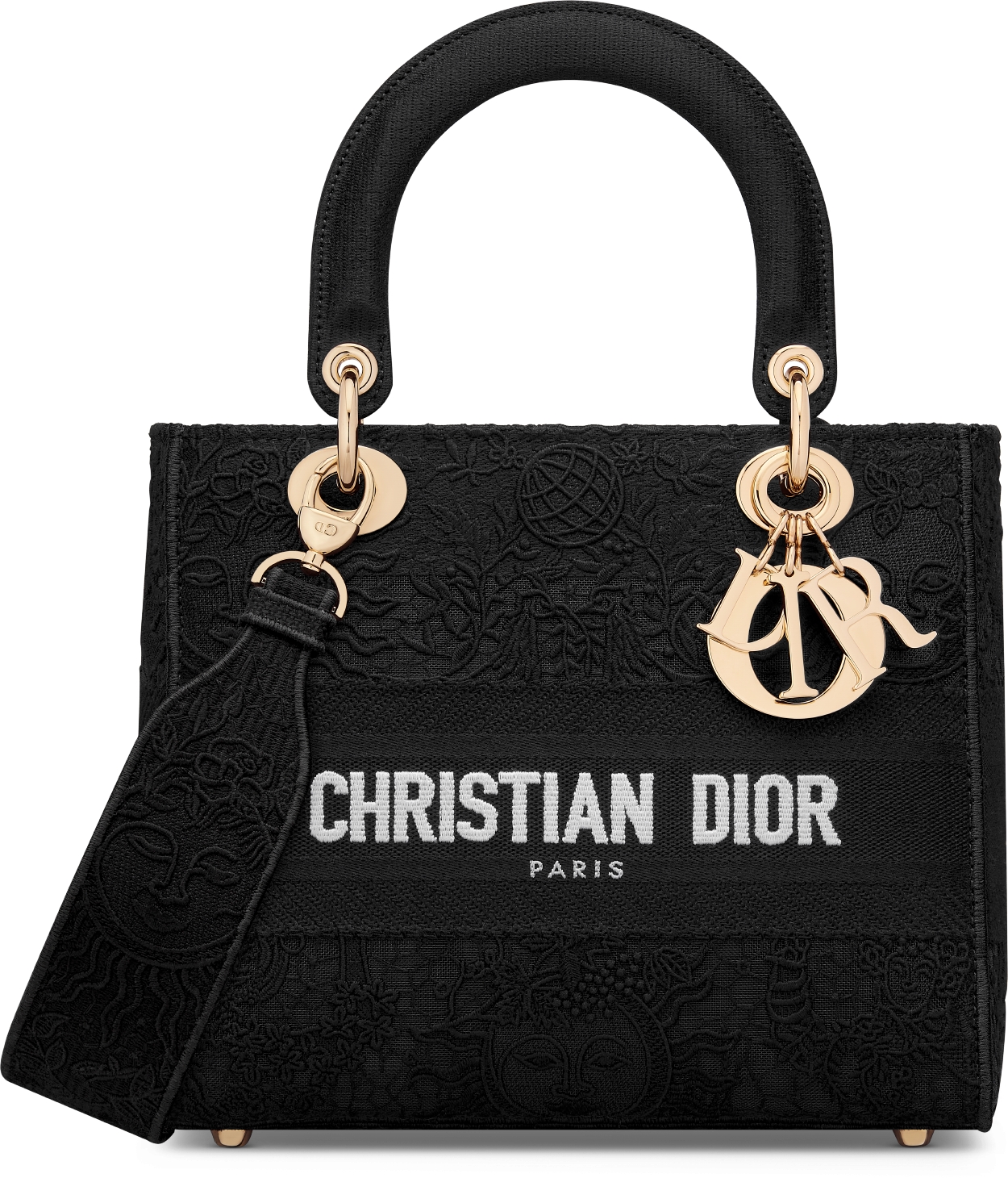 DIOR Medium Lady D Lite Bag Black Toile De Jouy Soleil Macrame Embroidery Women