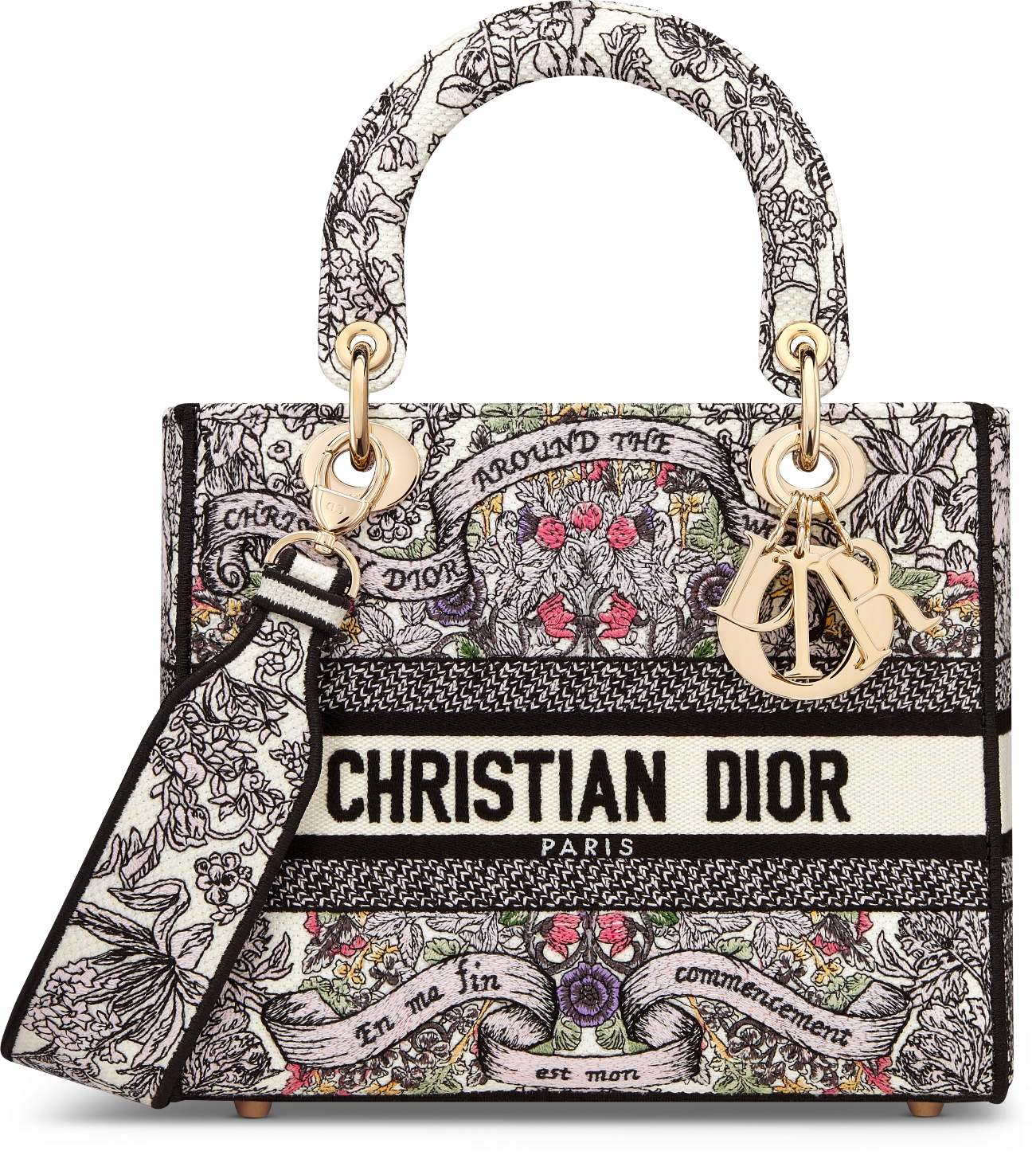 Medium Lady D-Lite Bag Latte Embroidery with Blue Dior Around the World  Motif | DIOR