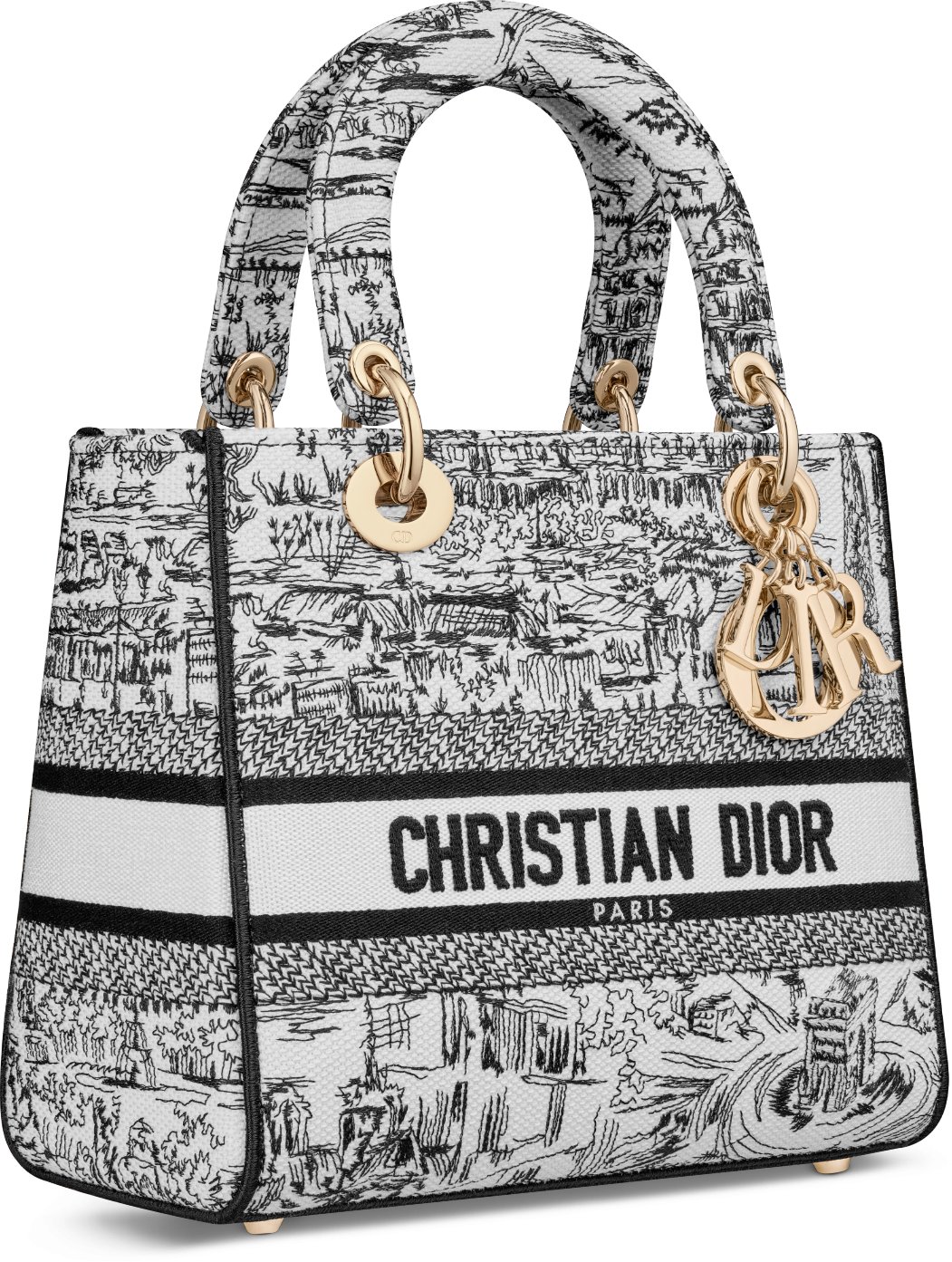 Mittelgroße Lady D-Lite Tasche Paris Allover Stickerei in Weiß und 