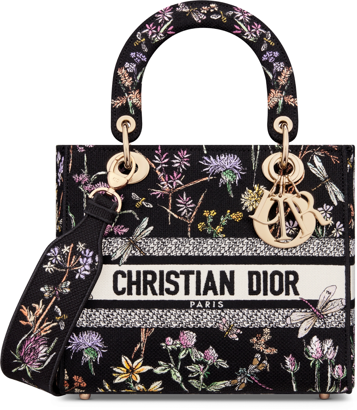 Medium Lady D Lite Bag Black Multicolor Dior Herbarium Embroidery DIOR