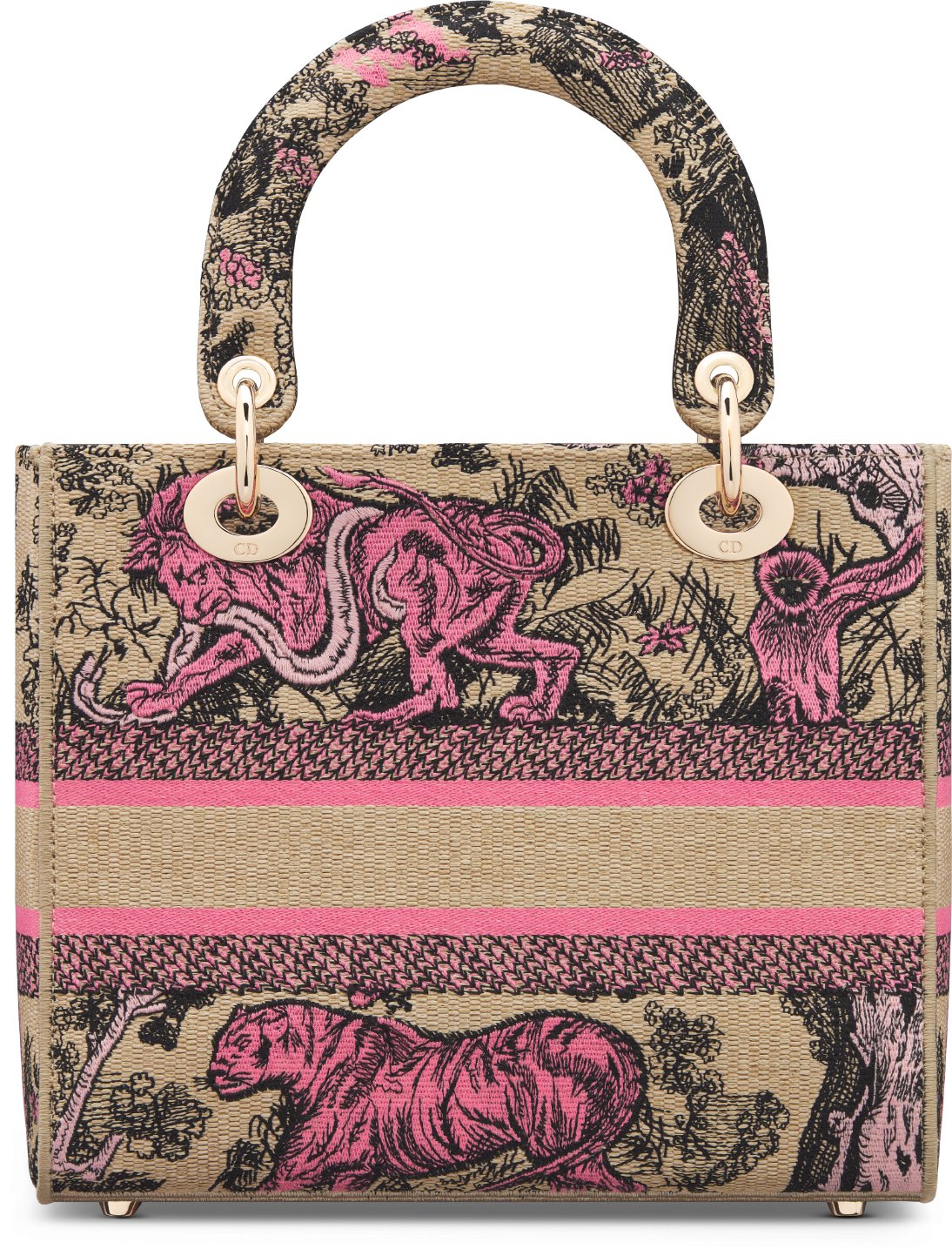 Middelgrote Dioriviera Lady D Lite tas Raffia met candy roze Toile de Jouy Sauvage borduursel DIOR
