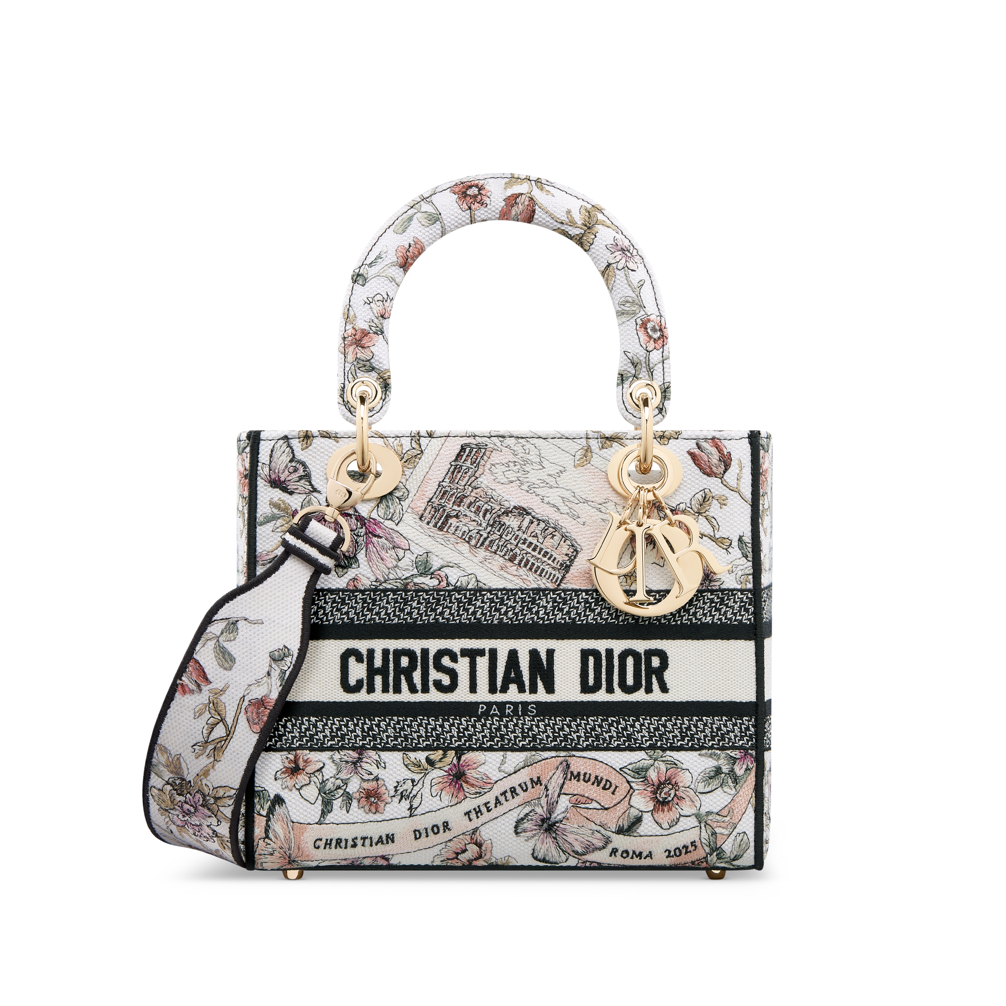 Medium Lady D-Lite Bag Pink Souvenir de Rome Embroidery E01