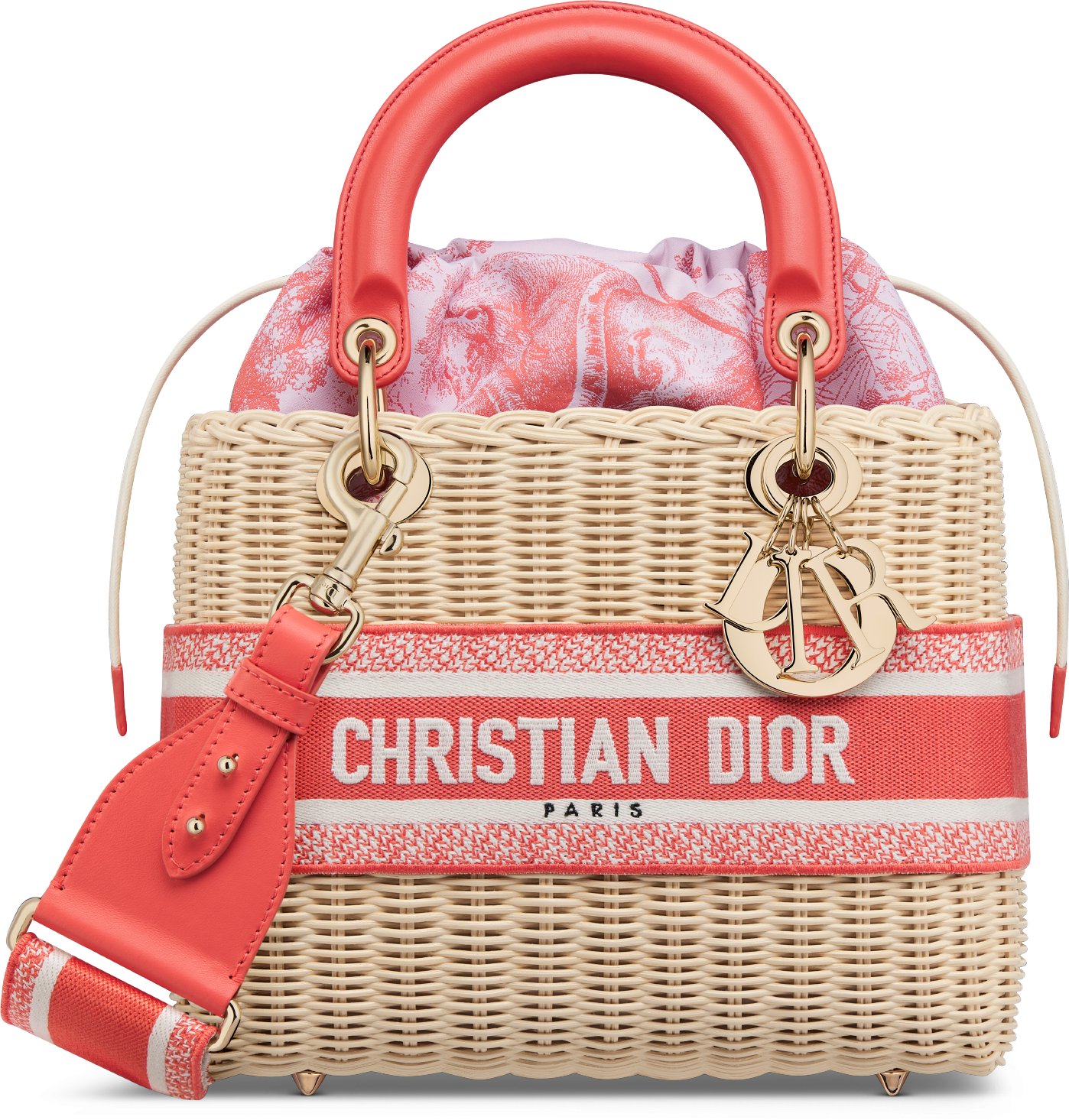 Medium Dioriviera Lady Dior Bag Natural Wicker and Coral Toile de Jouy Jacquard DIOR