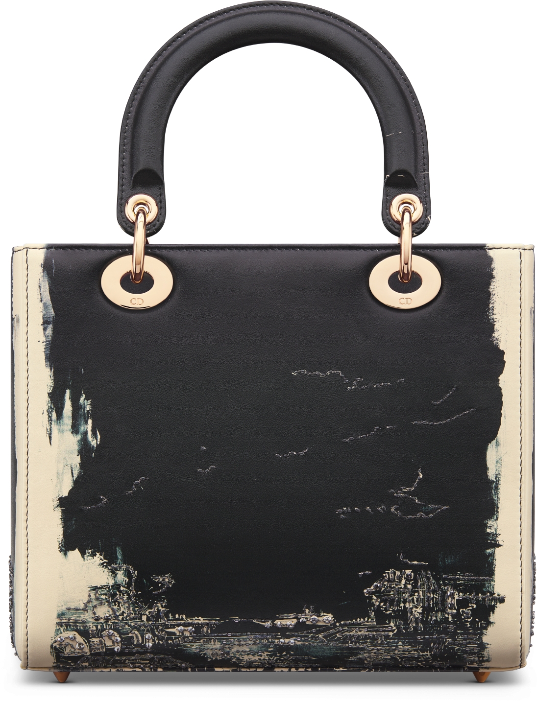 Medium Lady Dior Bag Black and Beige Calfskin with Paris Print Embroidered with Strass DIOR