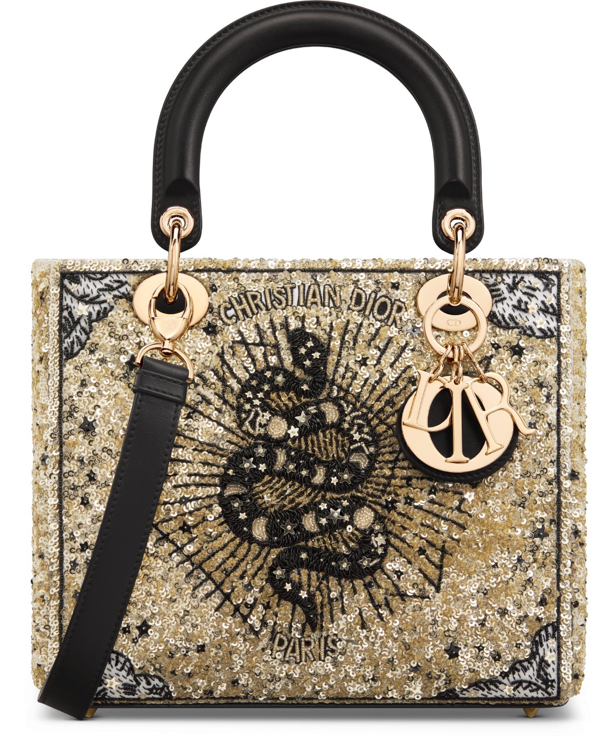 Sac Lady Dior Medium Cuir de veau brodé de sequins et perles à motif Dior Astral noir et doré DIOR