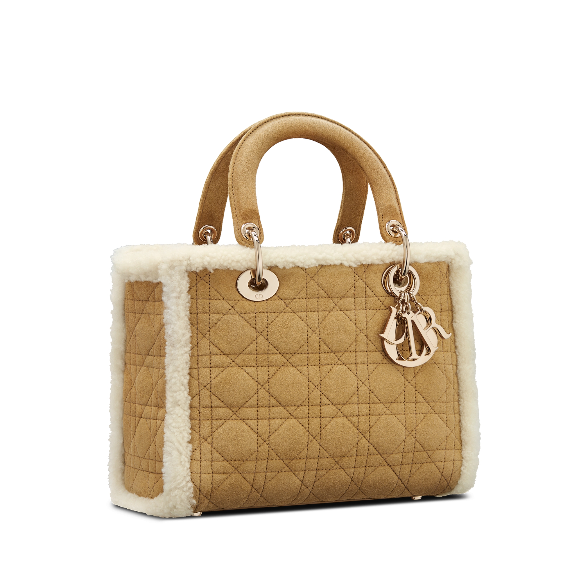 Medium Lady Dior Bag Beige Suede and Ecru Lambskin Shearling E03