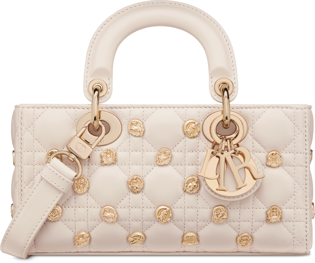 Small Lady D Joy Bag Dusty Ivory Cannage Lambskin with Gold Finish Zodiac Sign Studs DIOR