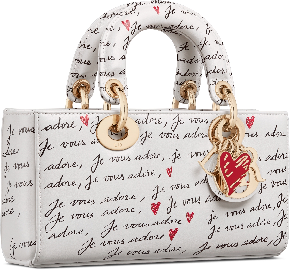 Borsa piccola Lady D Joy Dioramour Pelle di vitello bianca con stampa Je Vous Adore nera e rossa DIOR