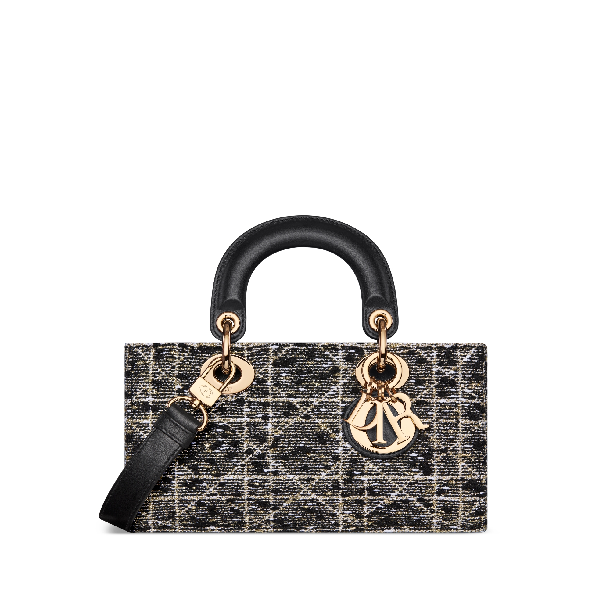 Small Lady D-Joy Bag Black Tweed with Cannage Motif in Gold-Tone Metallic Thread E01