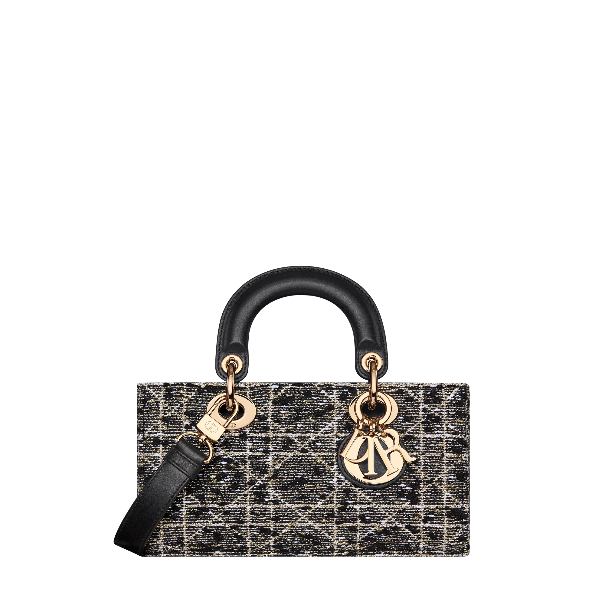 Small Lady D-Joy Bag Black Tweed with Cannage Motif in Gold-Tone Metallic Thread E01