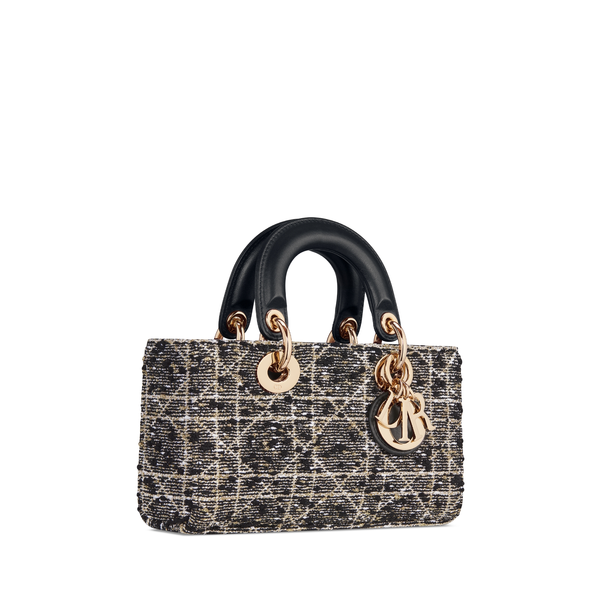 Small Lady D-Joy Bag Black Tweed with Cannage Motif in Gold-Tone Metallic Thread E03