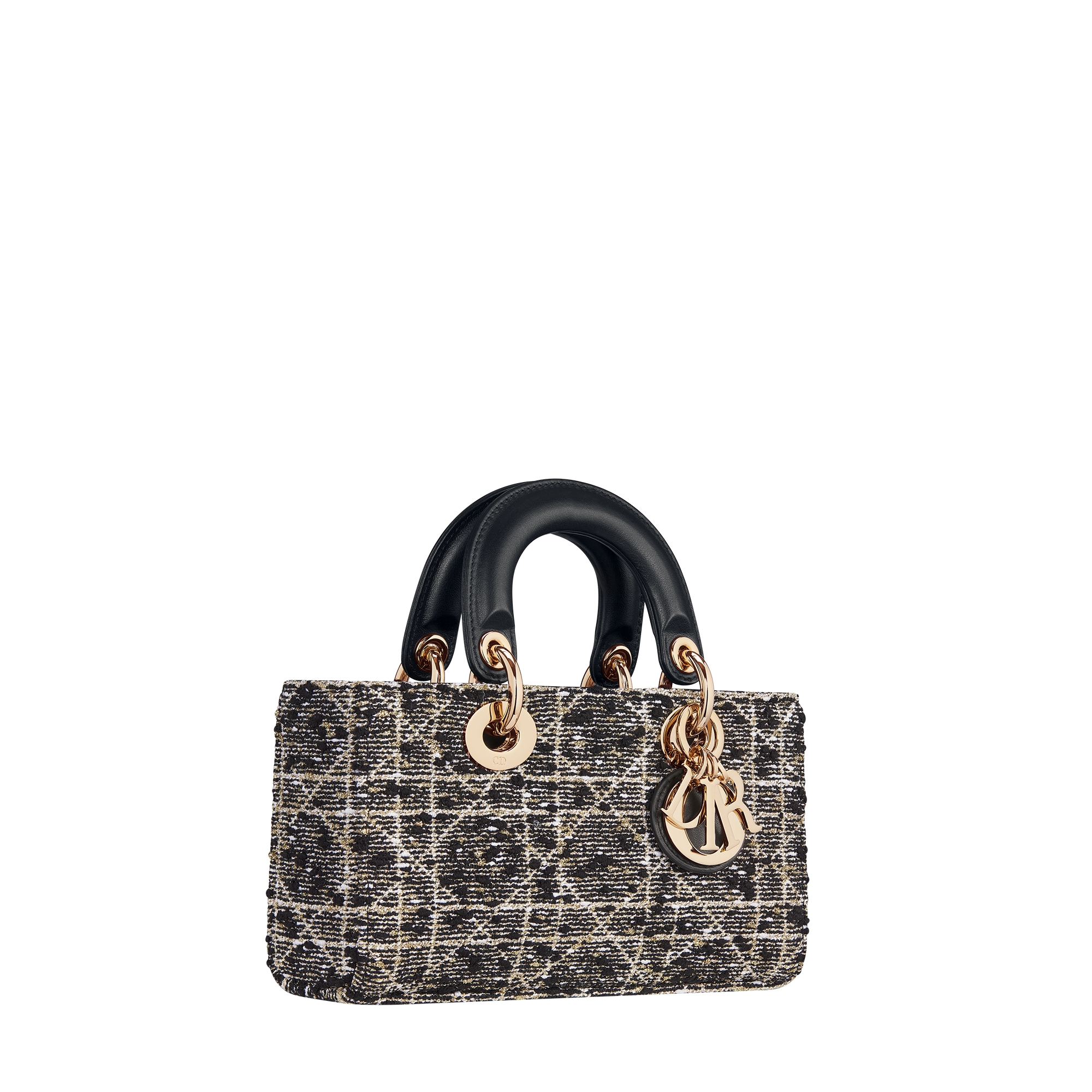 Small Lady D-Joy Bag Black Tweed with Cannage Motif in Gold-Tone Metallic Thread E03