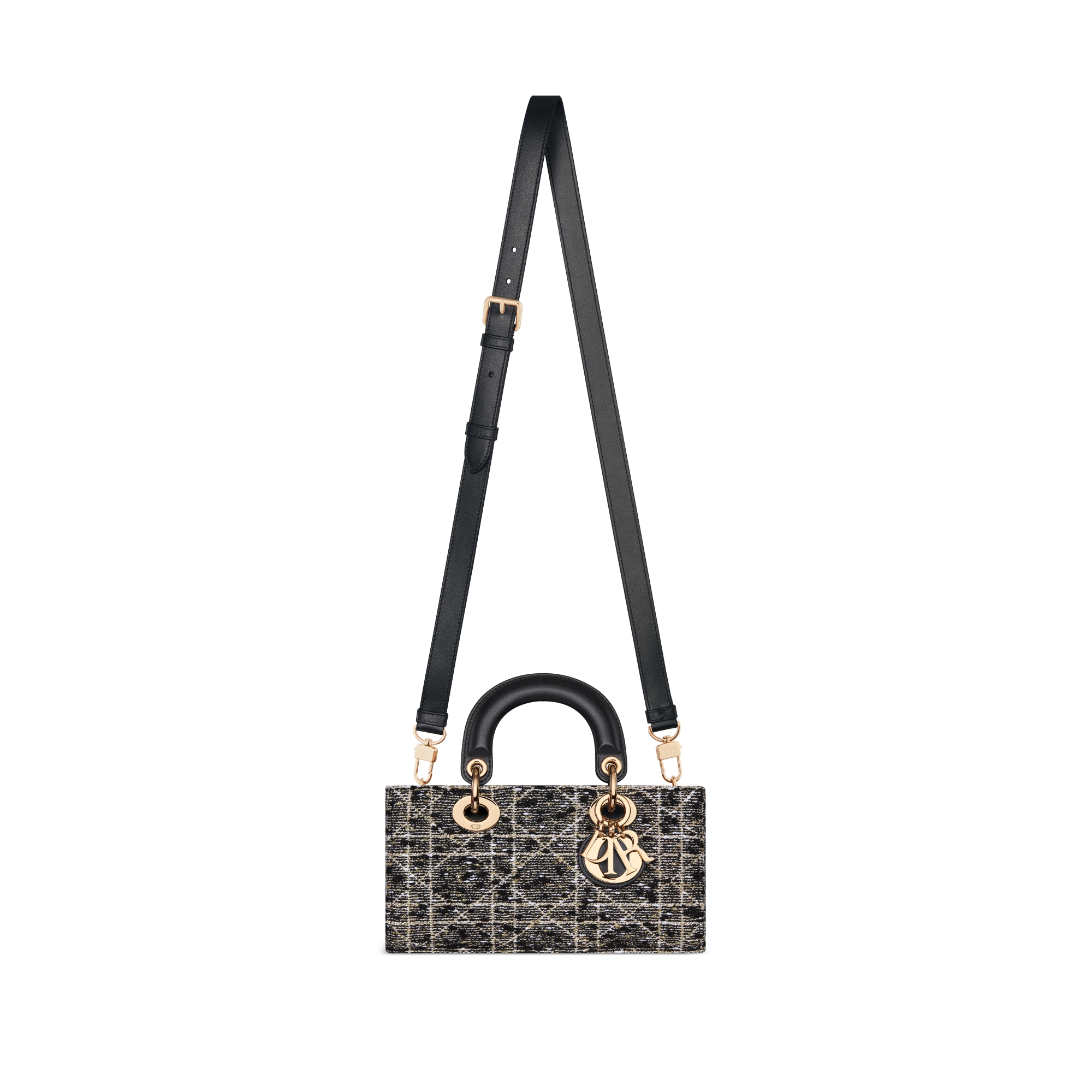 Small Lady D-Joy Bag Black Tweed with Cannage Motif in Gold-Tone Metallic Thread E07