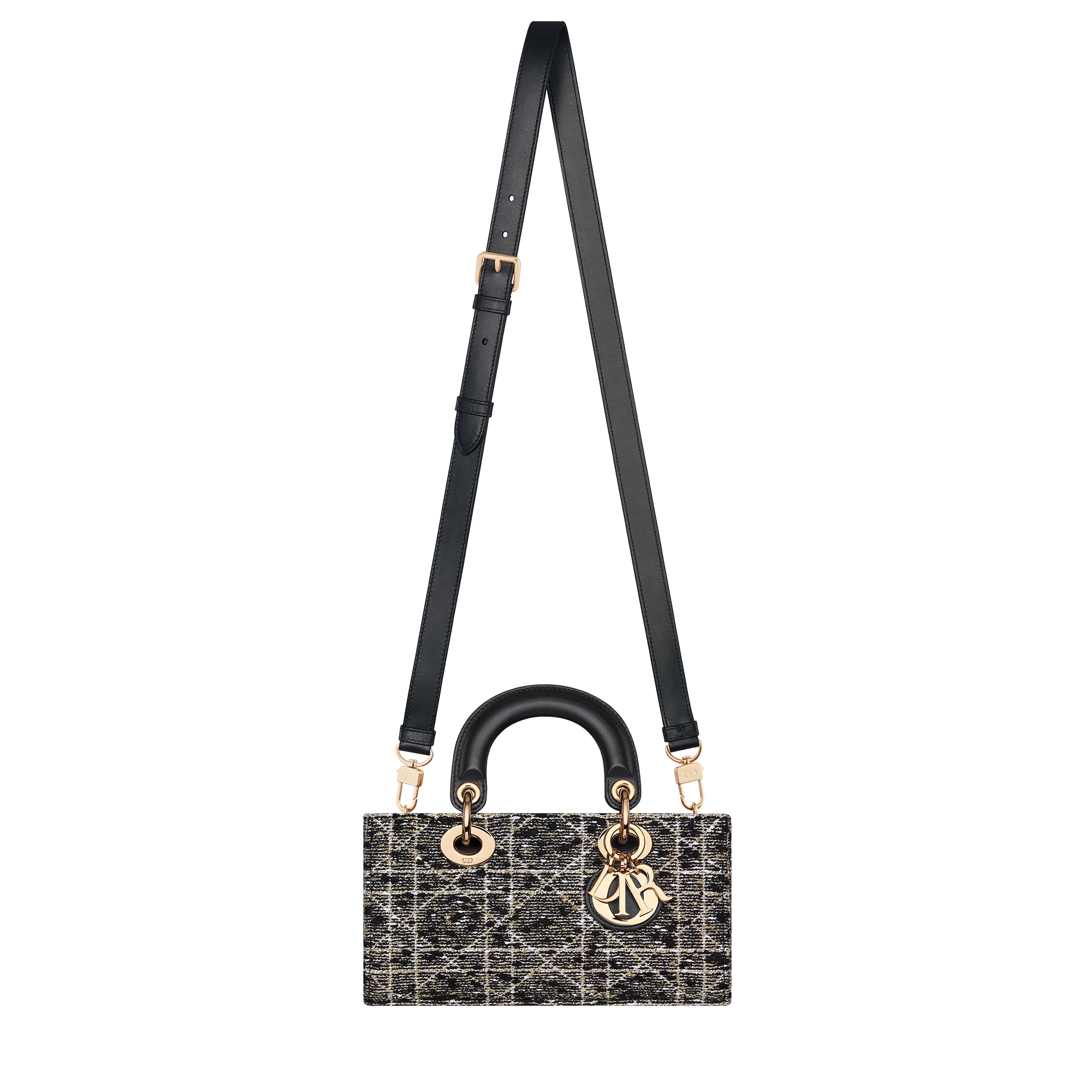 Small Lady D-Joy Bag Black Tweed with Cannage Motif in Gold-Tone Metallic Thread E07