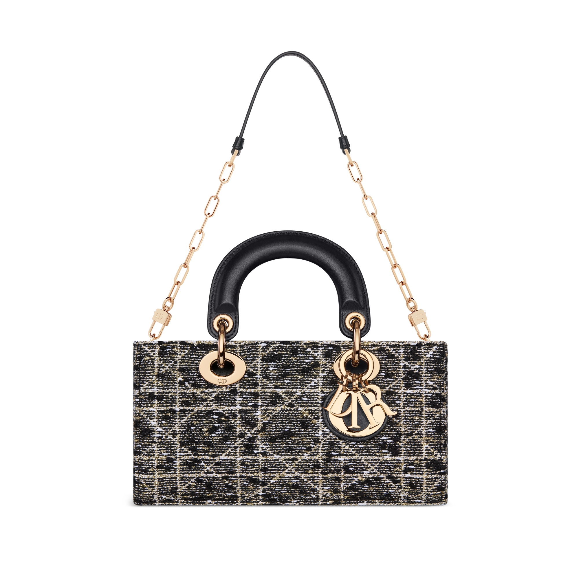 Small Lady D-Joy Bag Black Tweed with Cannage Motif in Gold-Tone Metallic Thread E10
