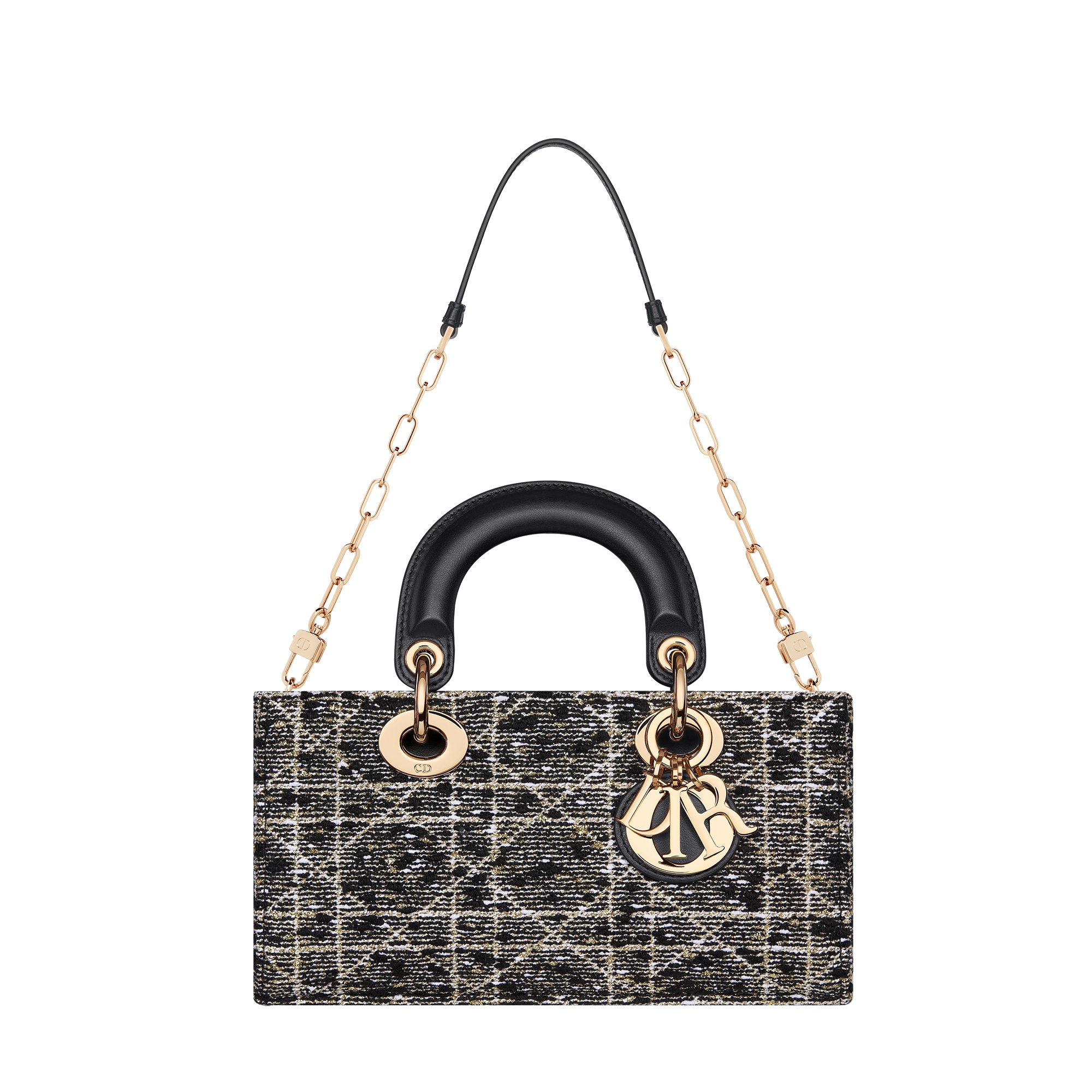 Small Lady D-Joy Bag Black Tweed with Cannage Motif in Gold-Tone Metallic Thread E10