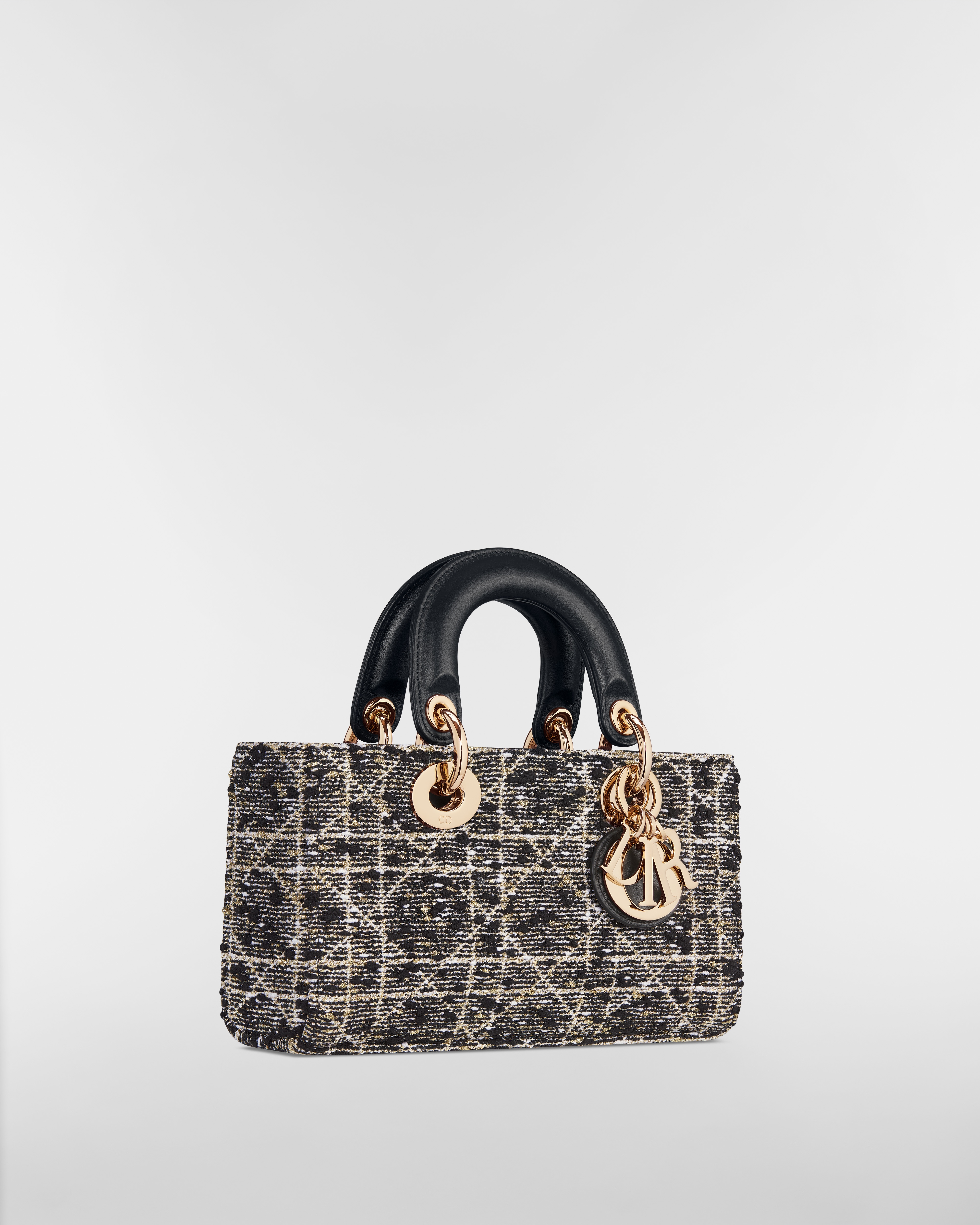 Small Lady D-Joy Bag Black Tweed with Cannage Motif in Gold-Tone Metallic Thread E03