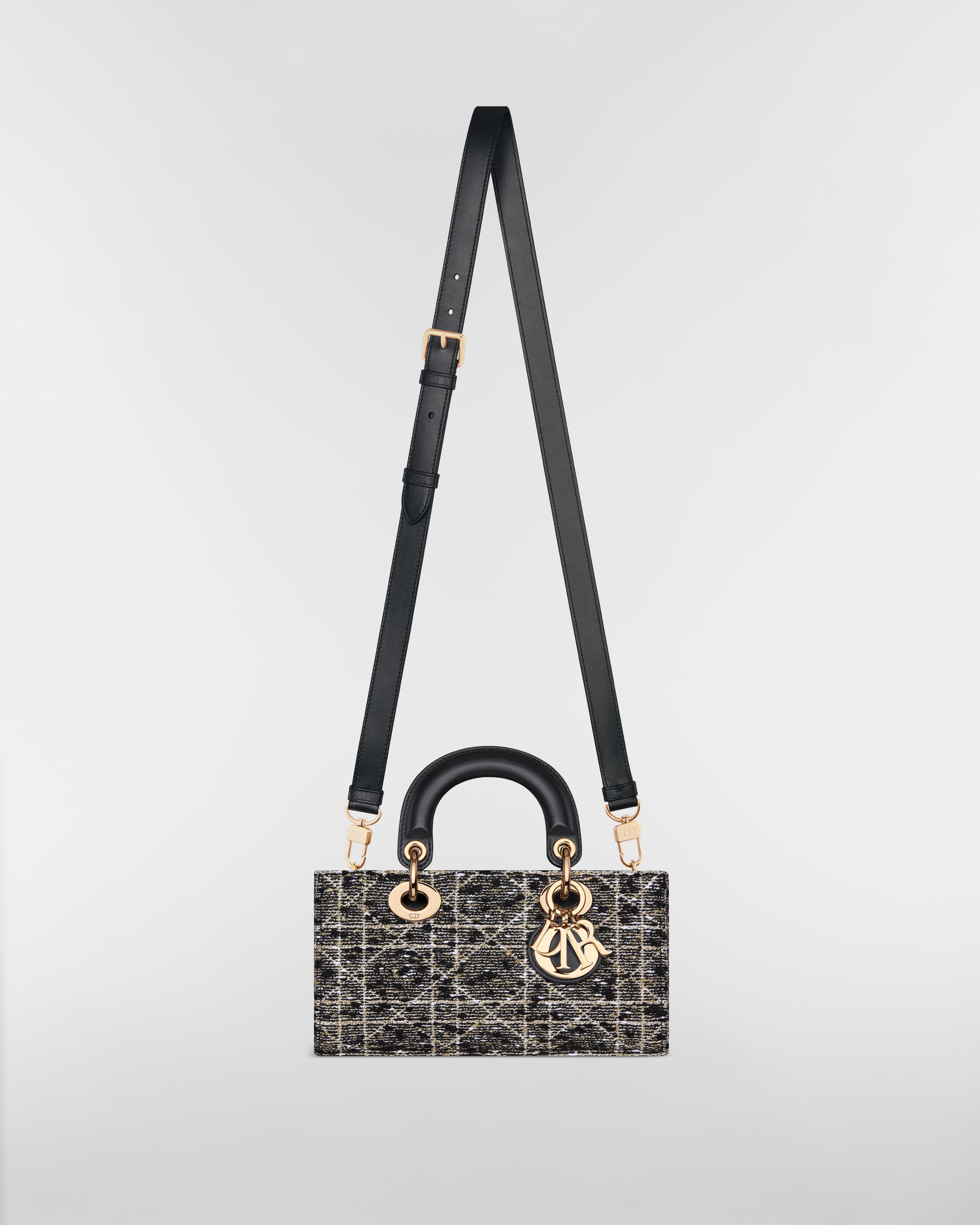 Small Lady D-Joy Bag Black Tweed with Cannage Motif in Gold-Tone Metallic Thread E07