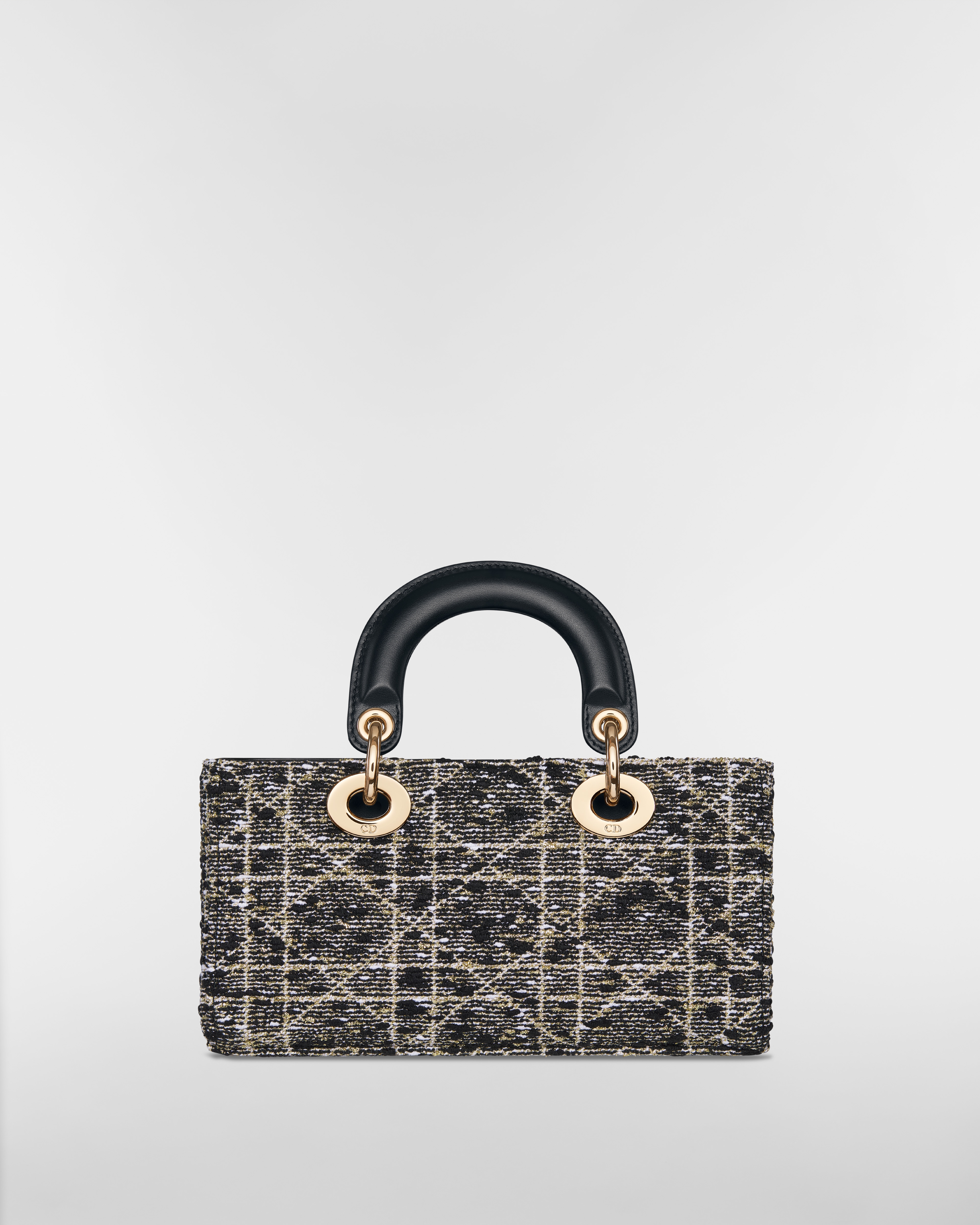 Small Lady D-Joy Bag Black Tweed with Cannage Motif in Gold-Tone Metallic Thread E08