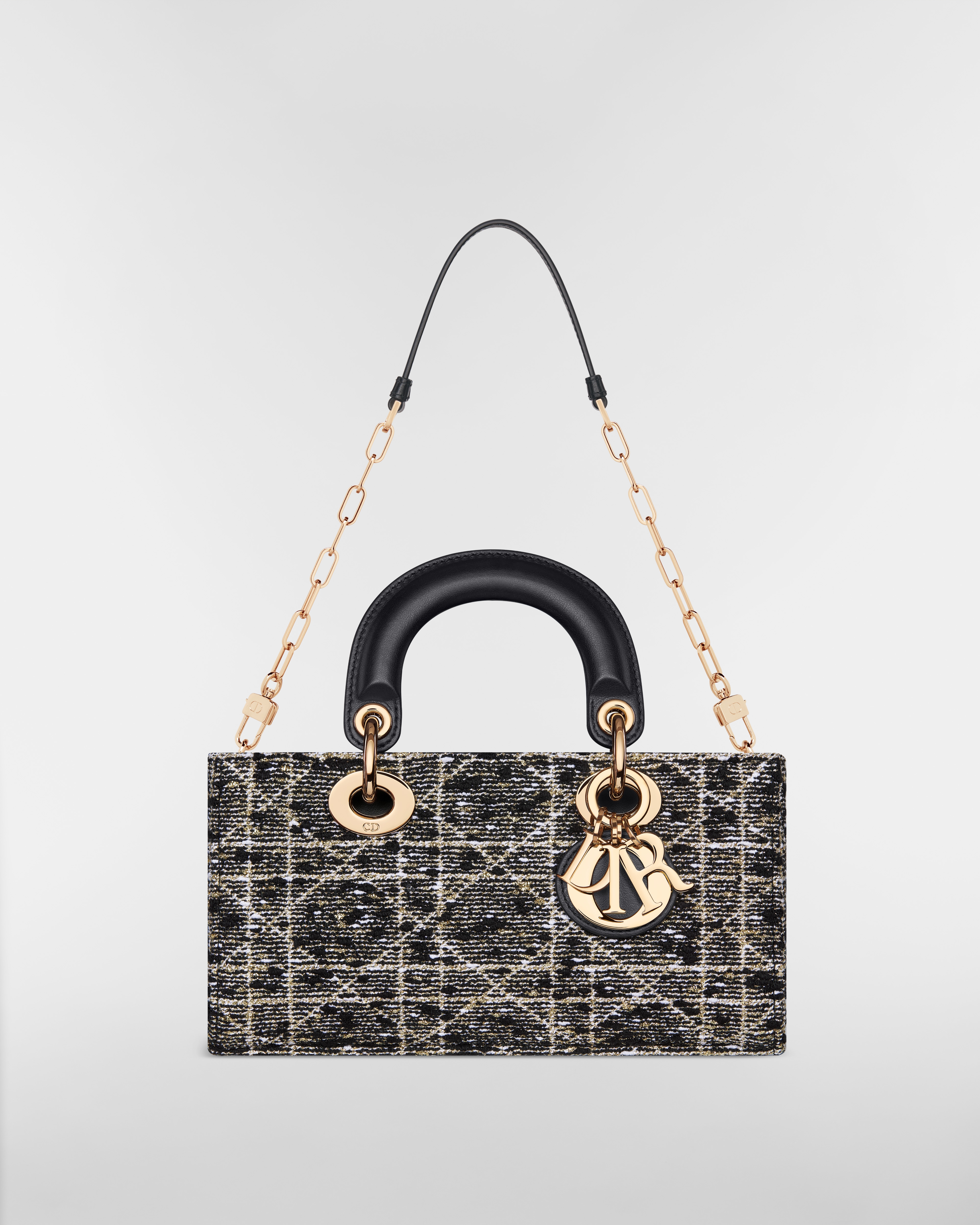 Small Lady D-Joy Bag Black Tweed with Cannage Motif in Gold-Tone Metallic Thread E10