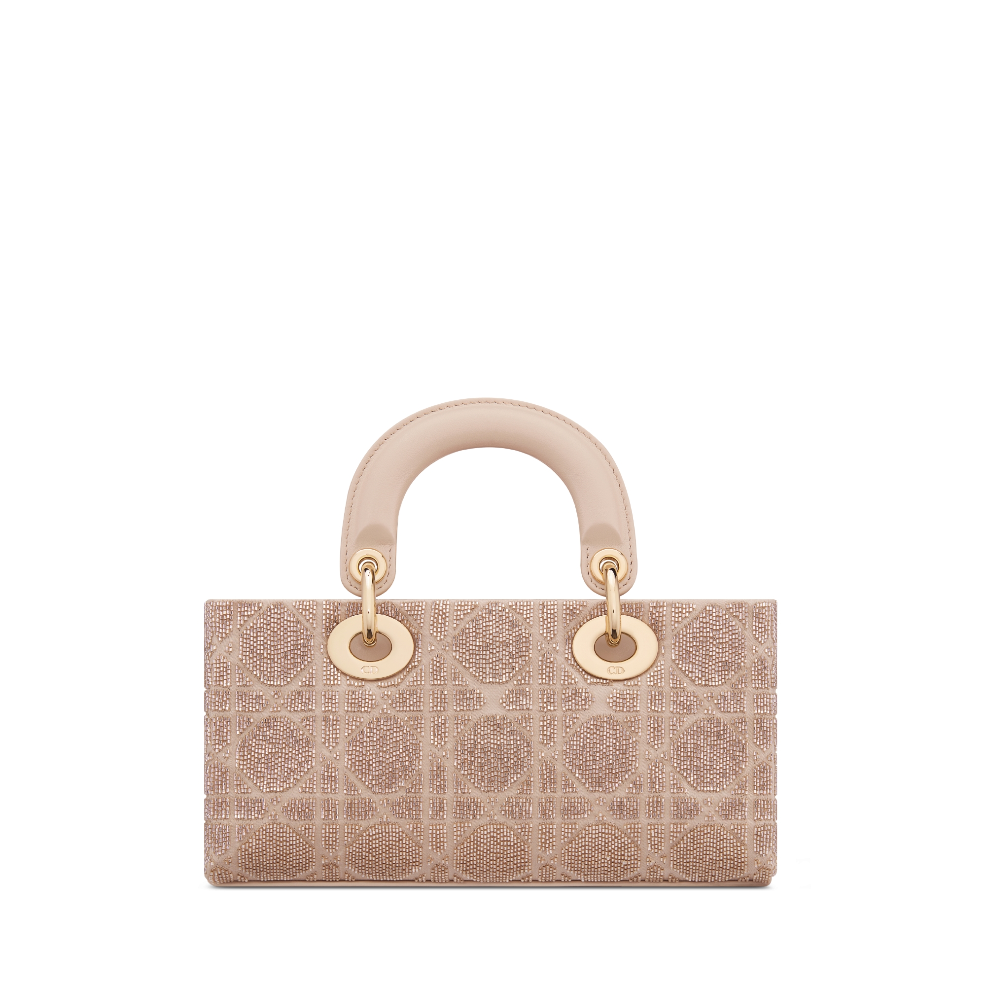 Small Lady D-Joy Bag Caramel Beige Microbead-Embroidered Cotton with Cannage Motif E08