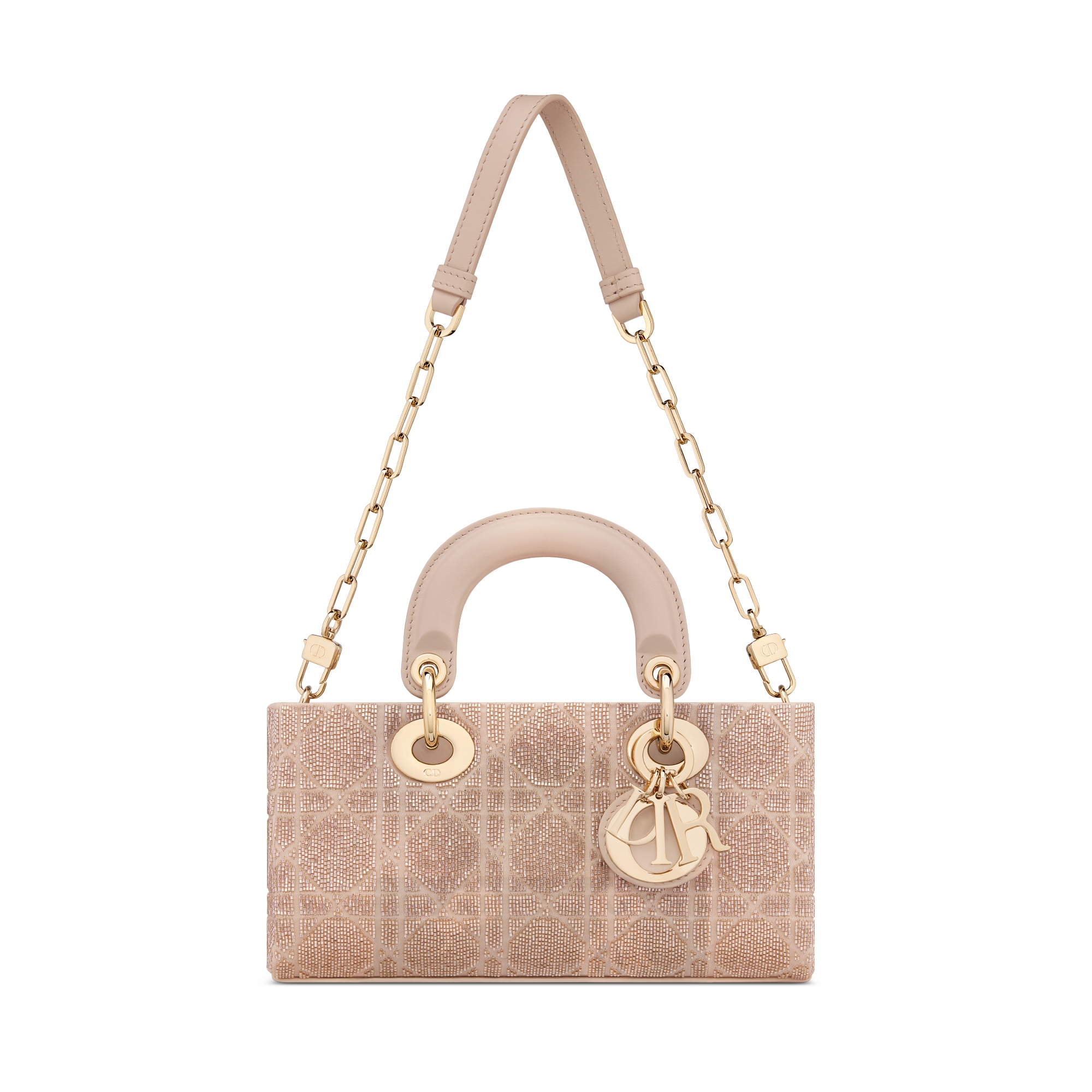 Small Lady D-Joy Bag Caramel Beige Microbead-Embroidered Cotton with Cannage Motif E10