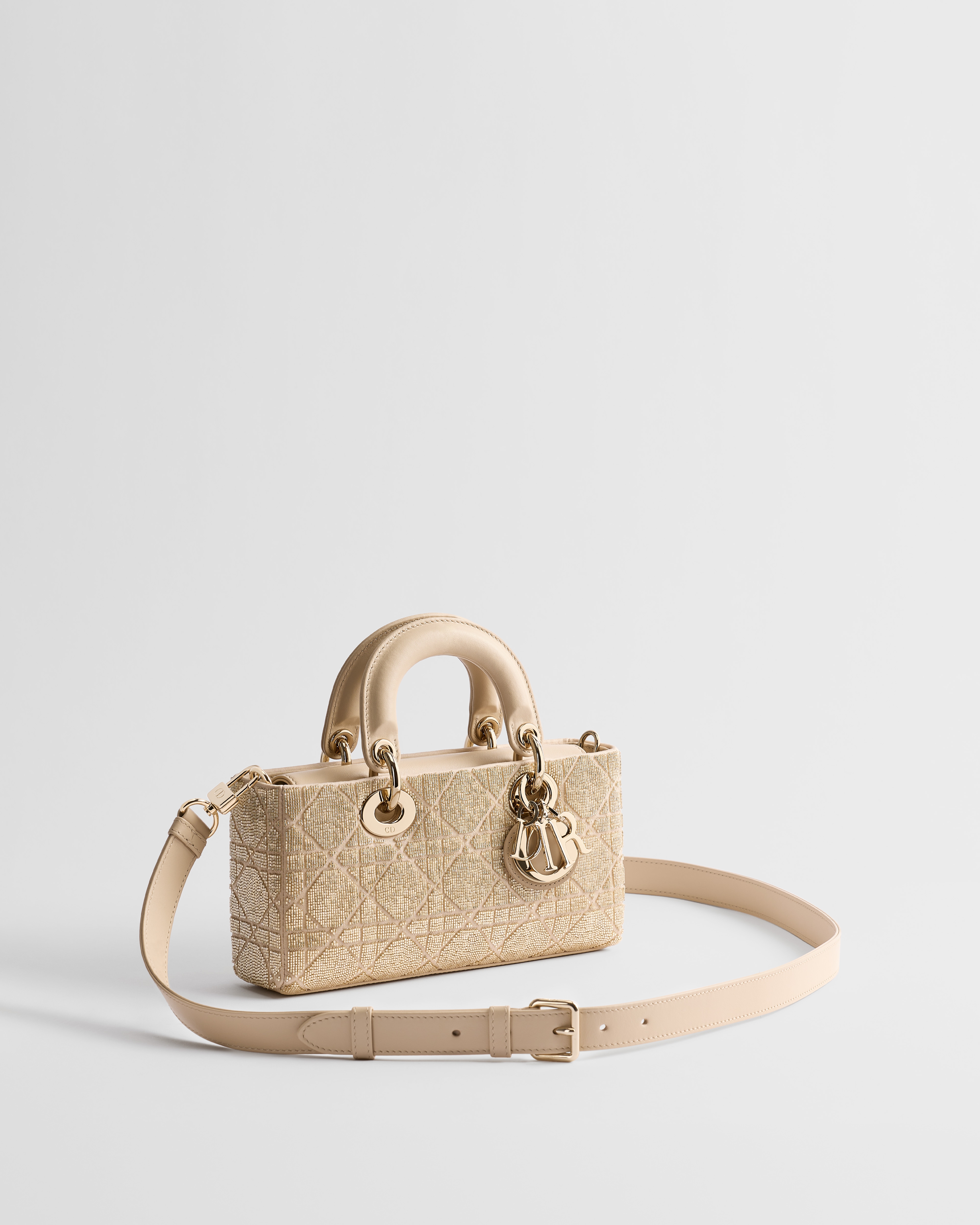 Small Lady D-Joy Bag Caramel Beige Microbead-Embroidered Cotton with ...