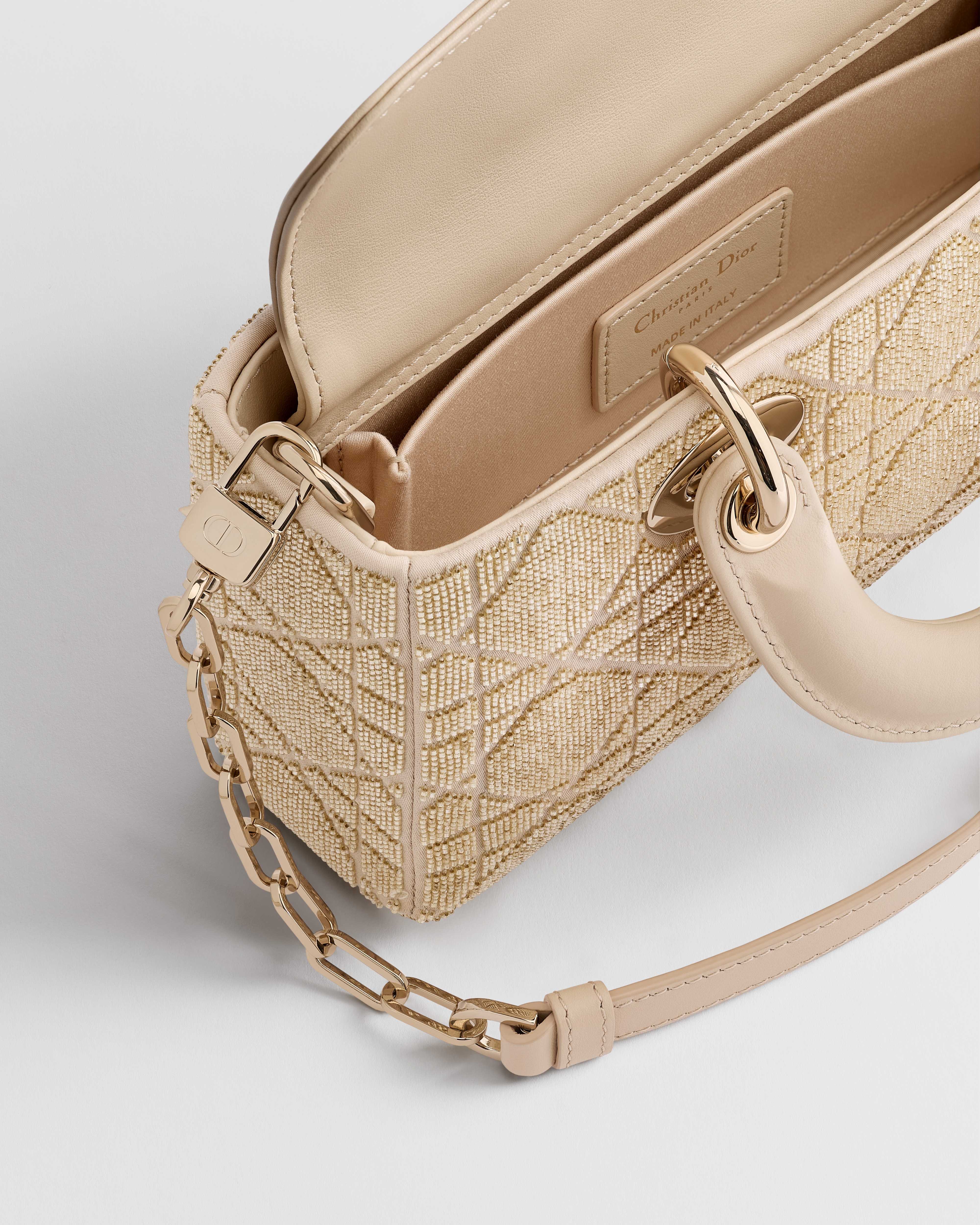 Small Lady D-Joy Bag Caramel Beige Microbead-Embroidered Cotton with ...