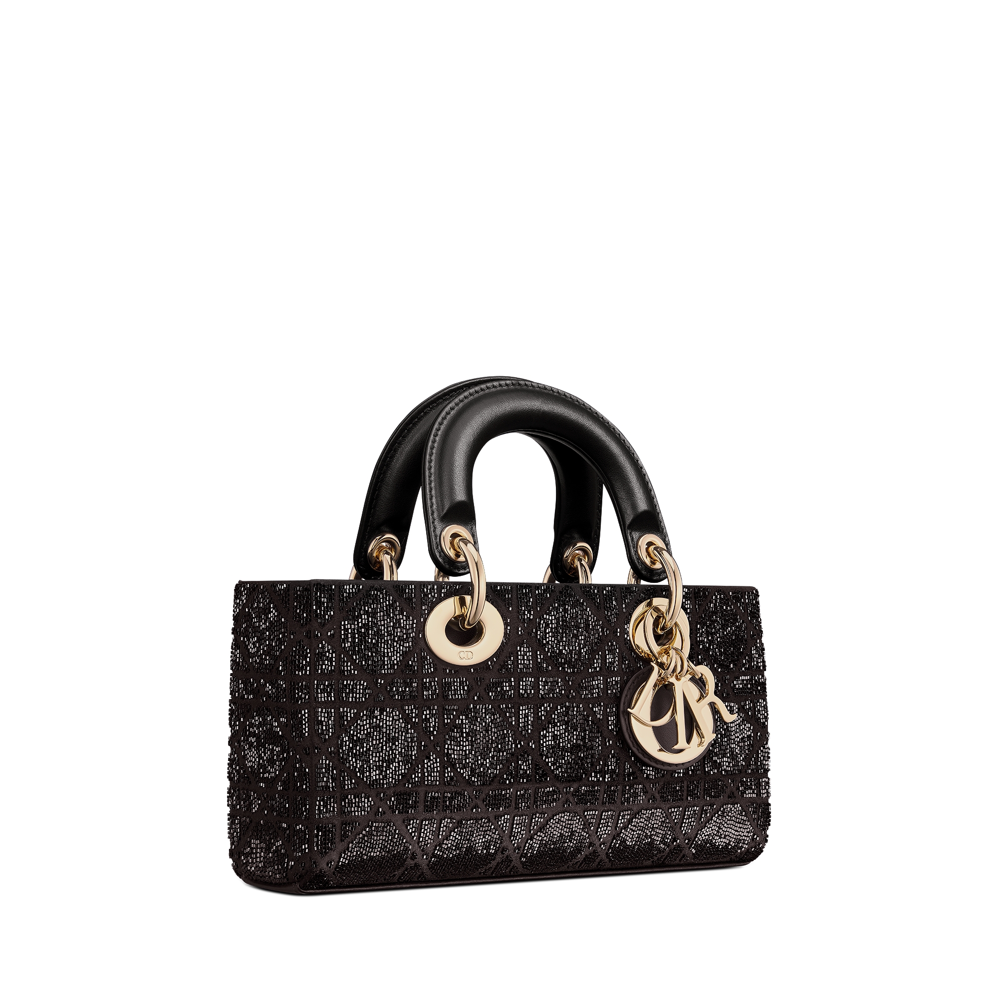 Small Lady D-Joy Bag Black Microbead-Embroidered Cotton with Cannage Motif E03