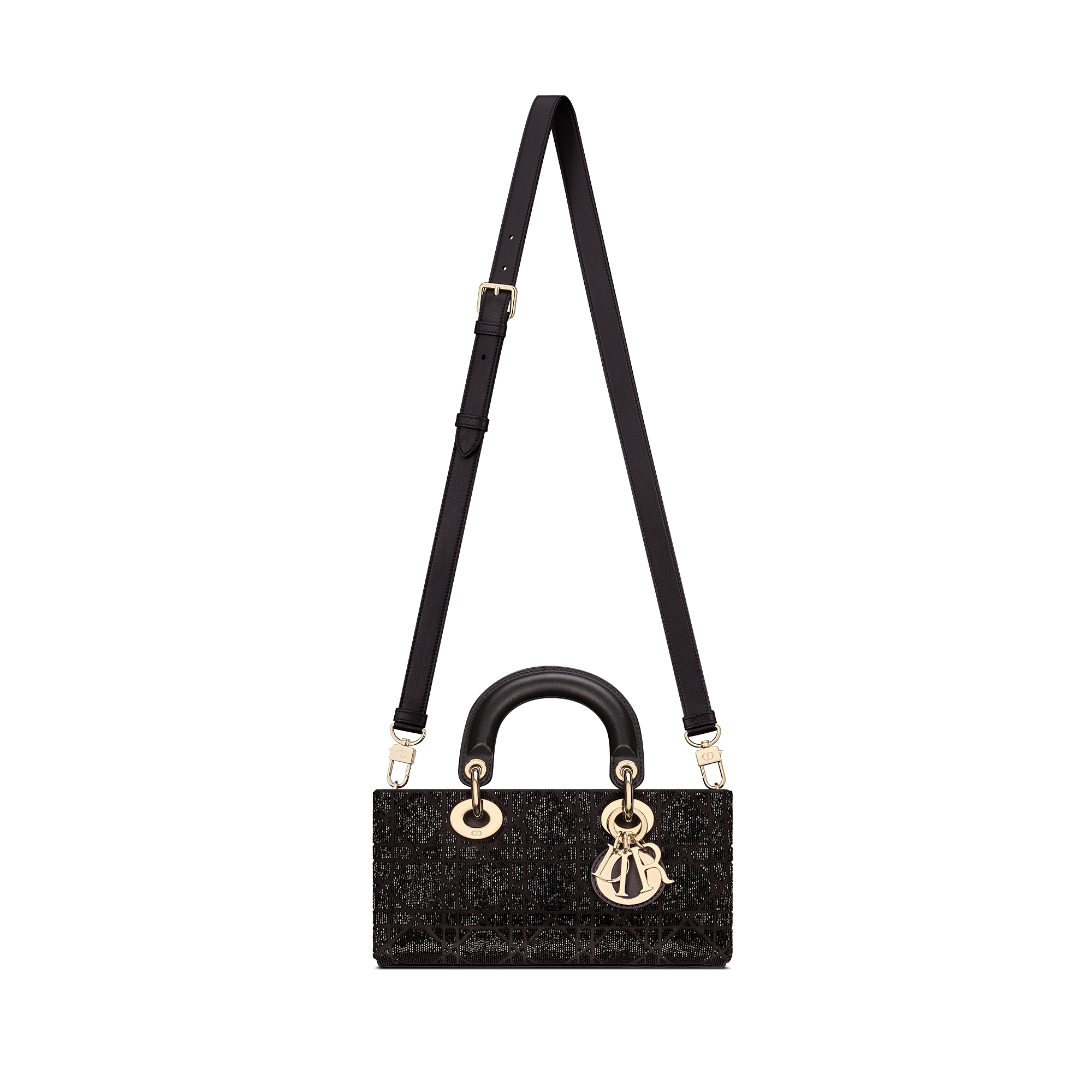 Small Lady D-Joy Bag Black Microbead-Embroidered Cotton with Cannage Motif E07