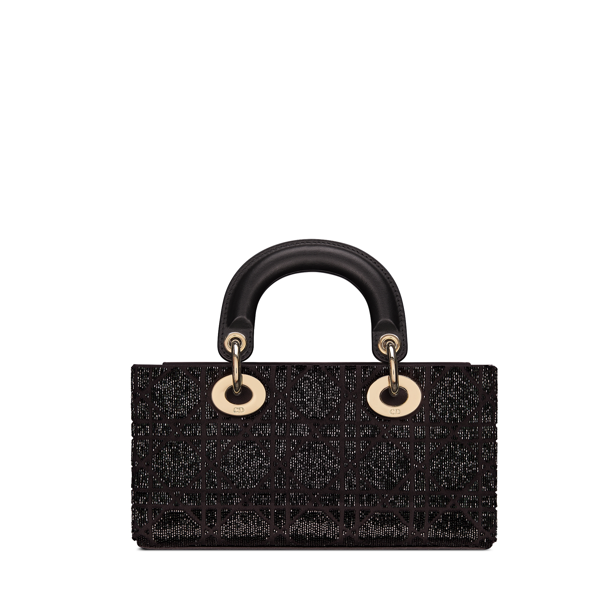 Small Lady D-Joy Bag Black Microbead-Embroidered Cotton with Cannage Motif E08
