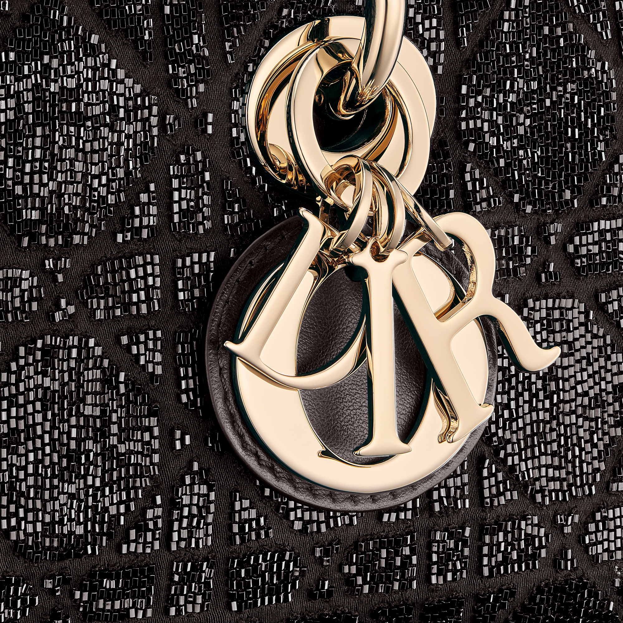 Small Lady D-Joy Bag Black Microbead-Embroidered Cotton with Cannage Motif E09