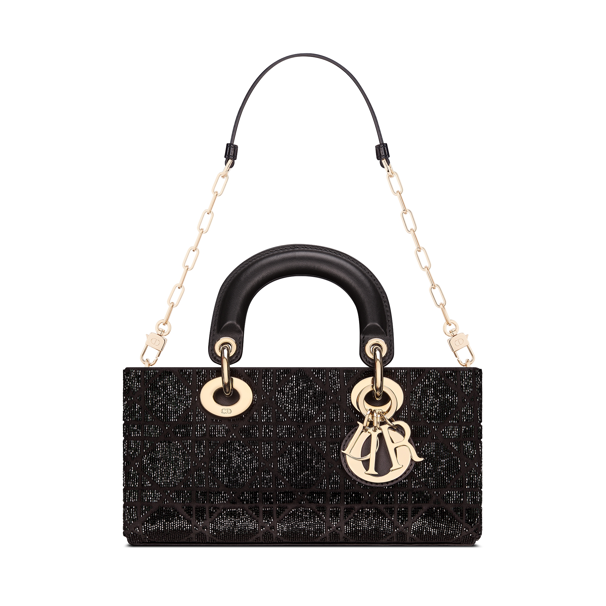 Small Lady D-Joy Bag Black Microbead-Embroidered Cotton with Cannage Motif E10