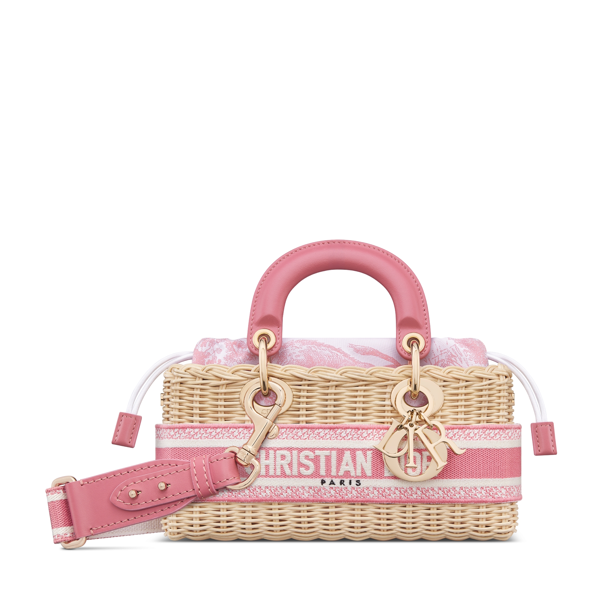 Dioriviera Small Lady D-Joy Bag Natural Wicker and Yarrow Pink
