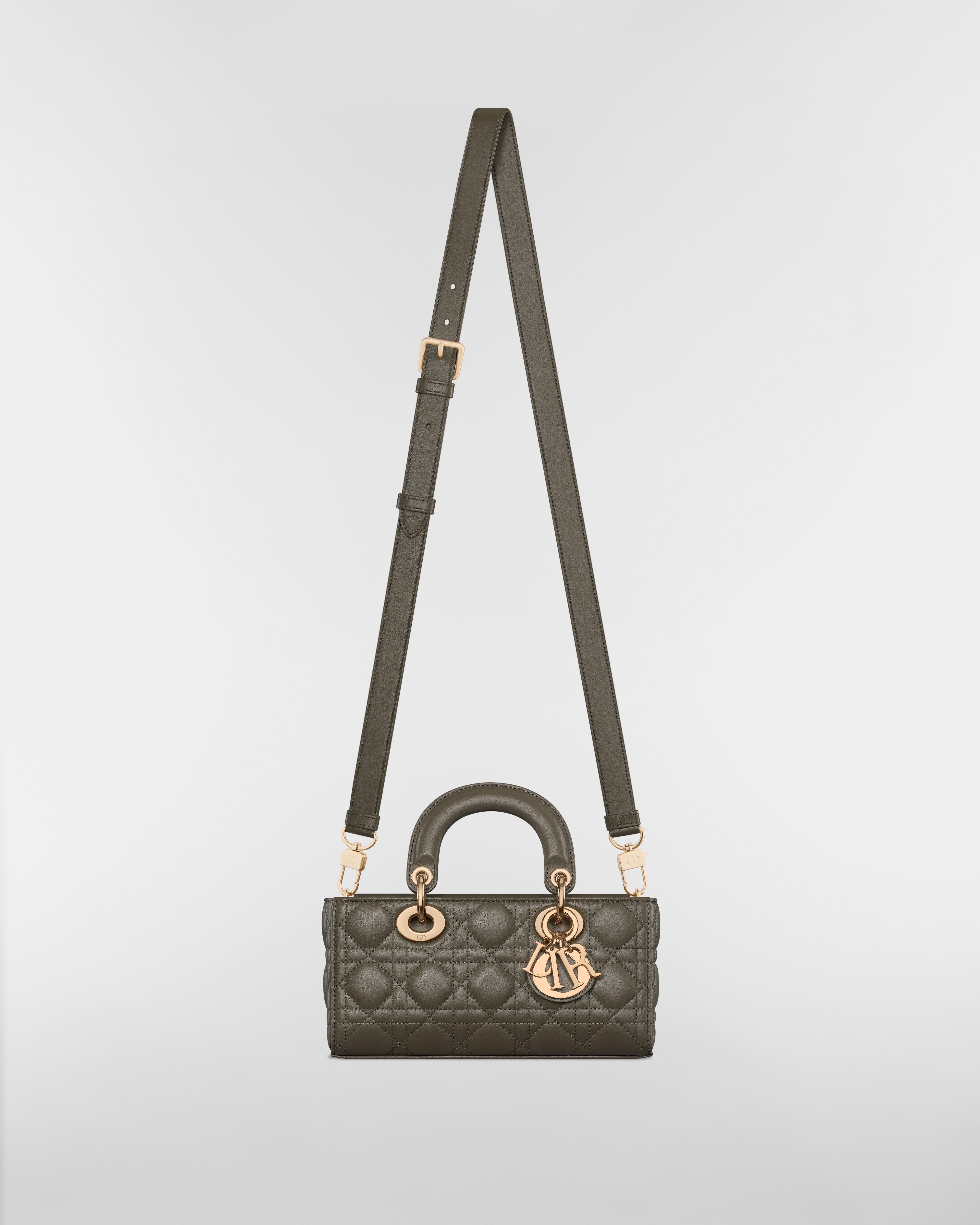 Bolsa Lady D-Joy pequena Pele de cordeiro Cannage castanho-acinzentado-oliva E07