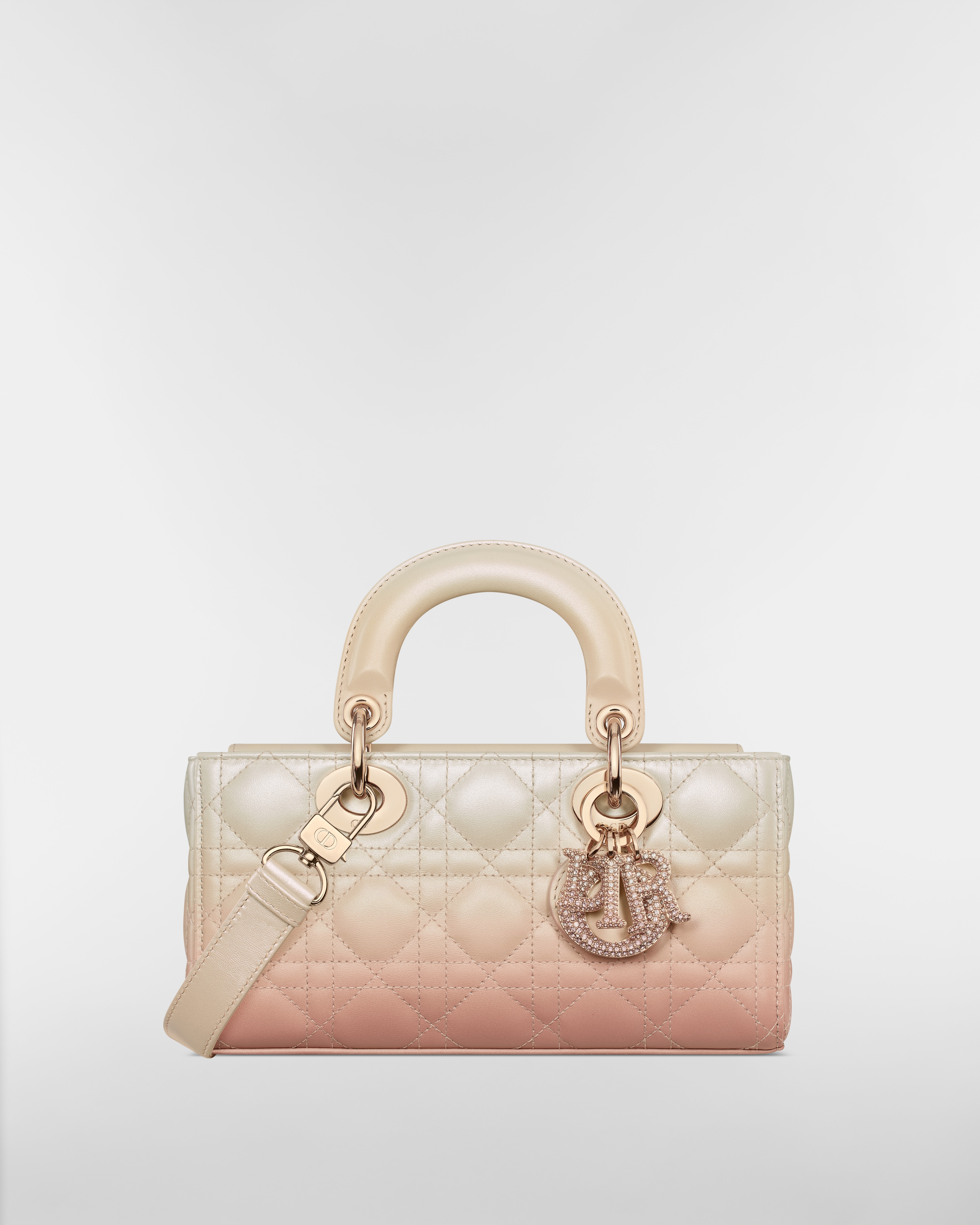 Bolsa Lady D-Joy pequena Pele de cordeiro Cannage degradê rosa e latte E01