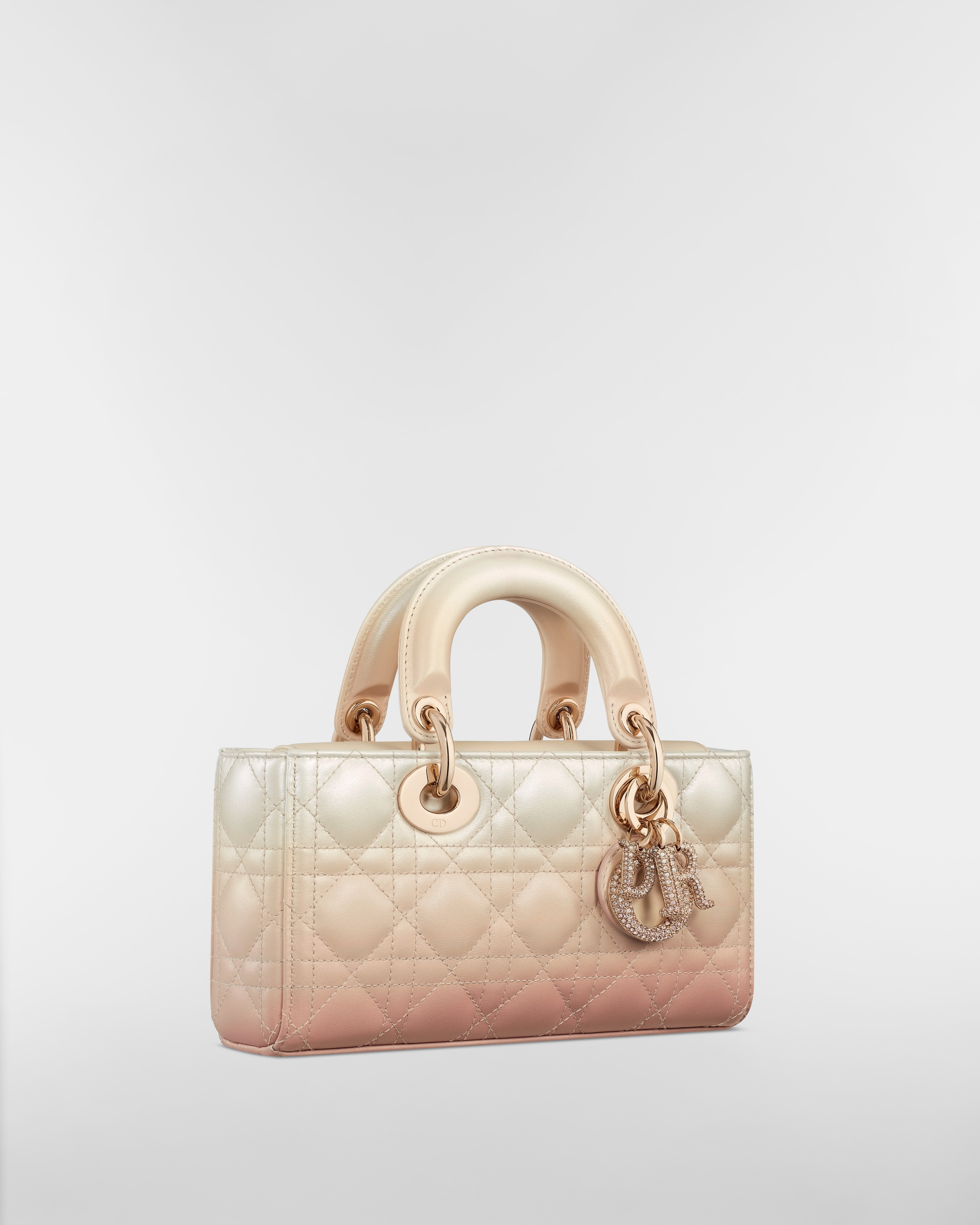 Bolsa Lady D-Joy pequena Pele de cordeiro Cannage degradê rosa e latte E03