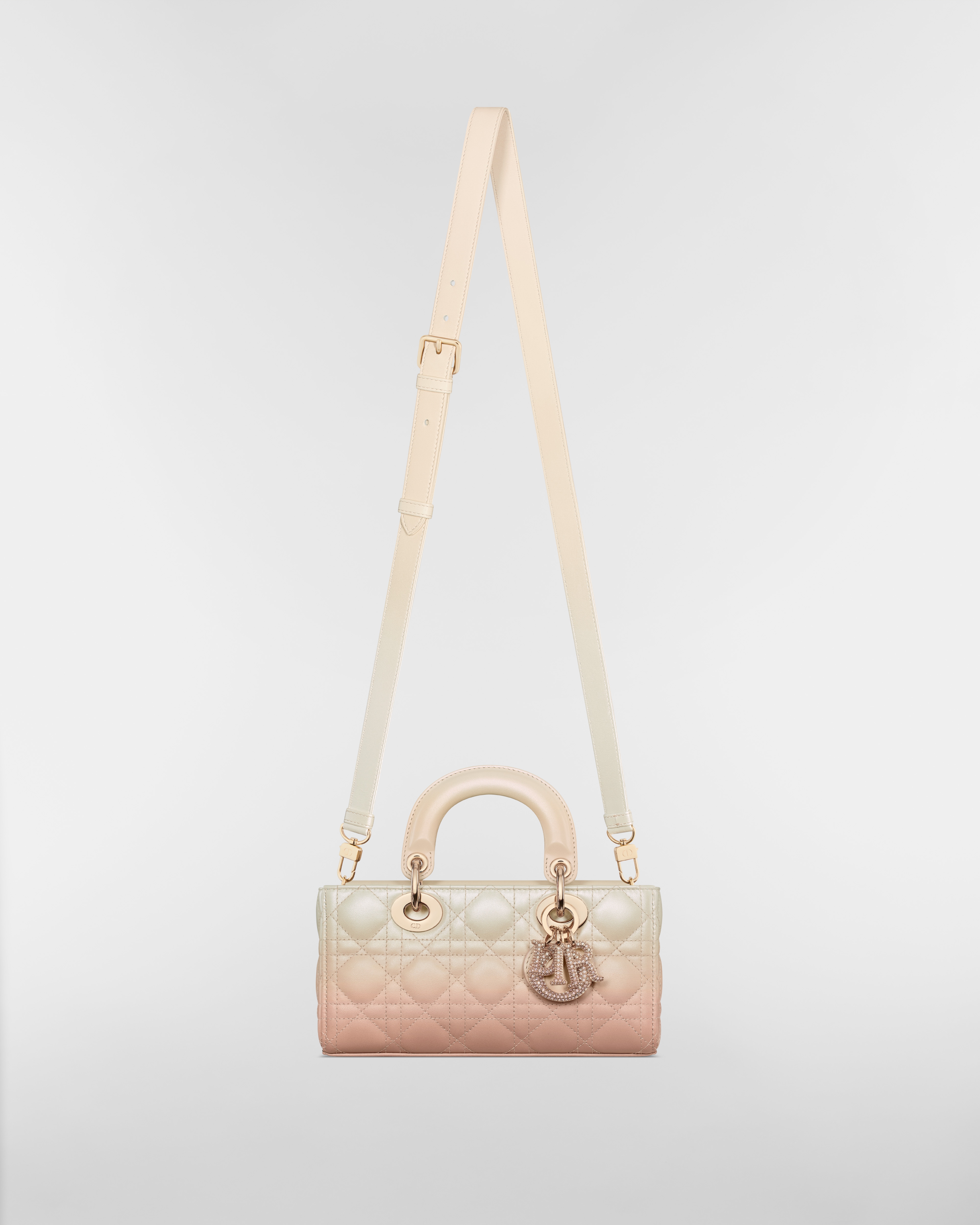 Bolsa Lady D-Joy pequena Pele de cordeiro Cannage degradê rosa e latte E07