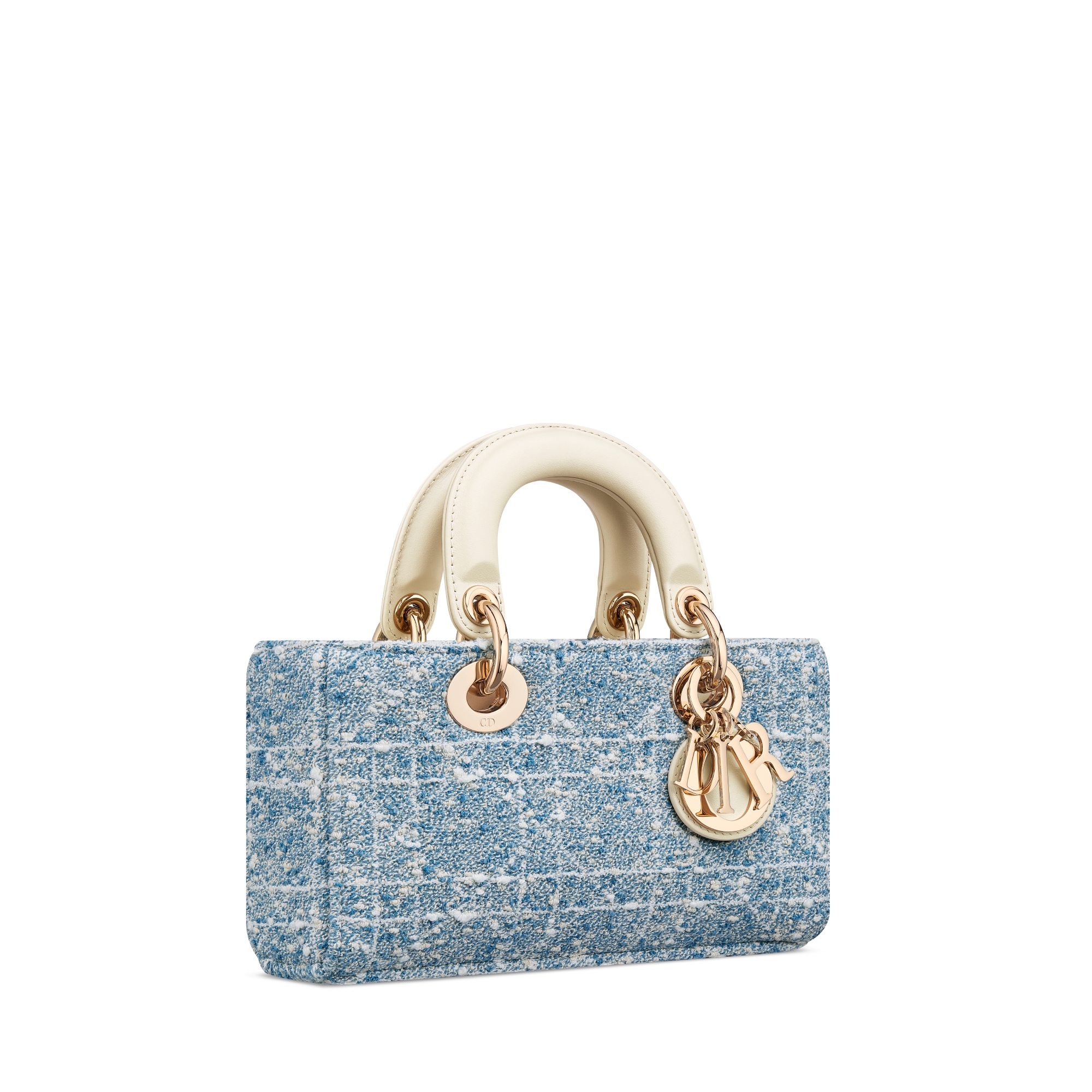 حقيبة Lady D-Joy بالحجم الصغير تويد باللون الأزرق الفلكي مع نمط كاناج الأبيض وجلد العجل باللون البيج E03