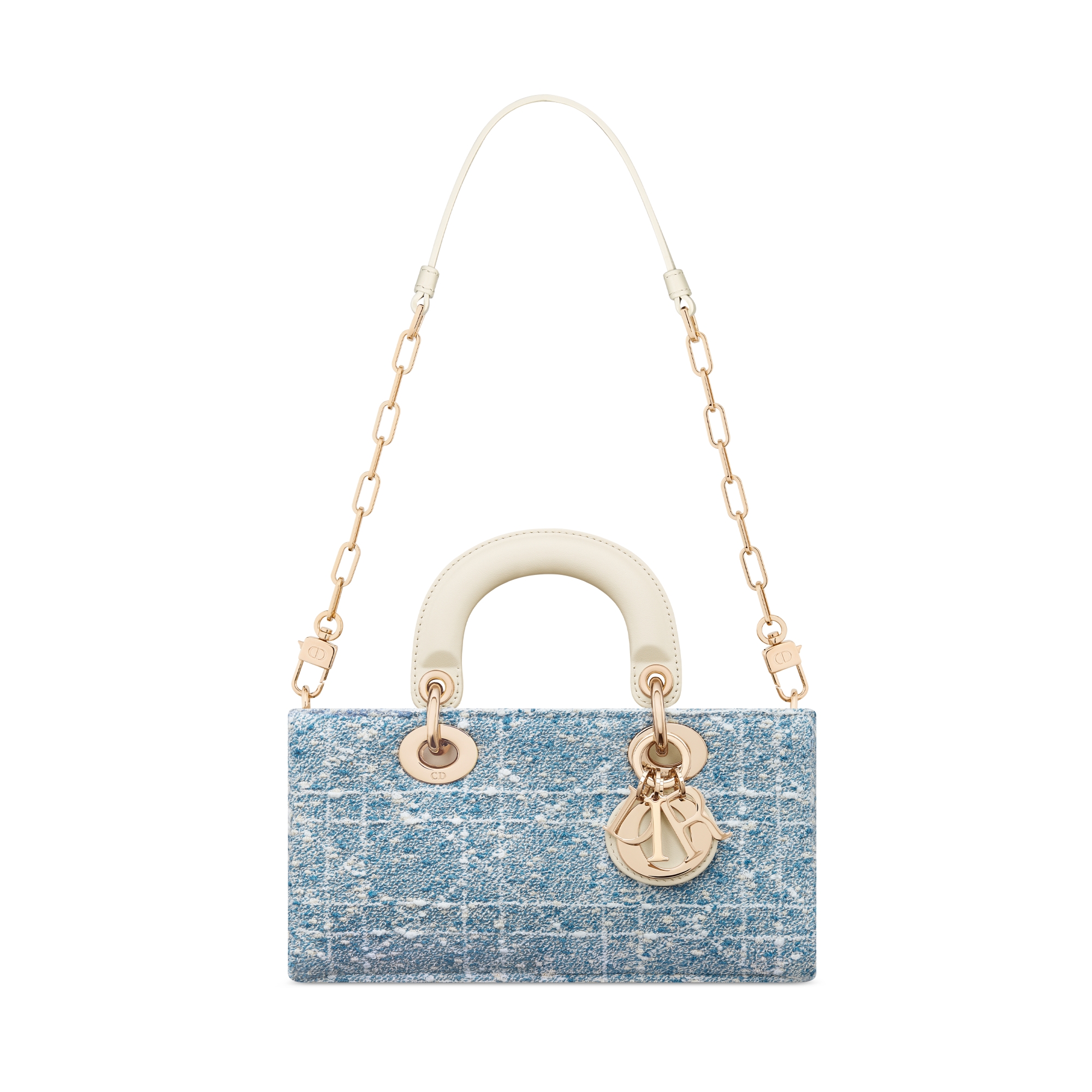 حقيبة Lady D-Joy بالحجم الصغير تويد باللون الأزرق الفلكي مع نمط كاناج الأبيض وجلد العجل باللون البيج E10