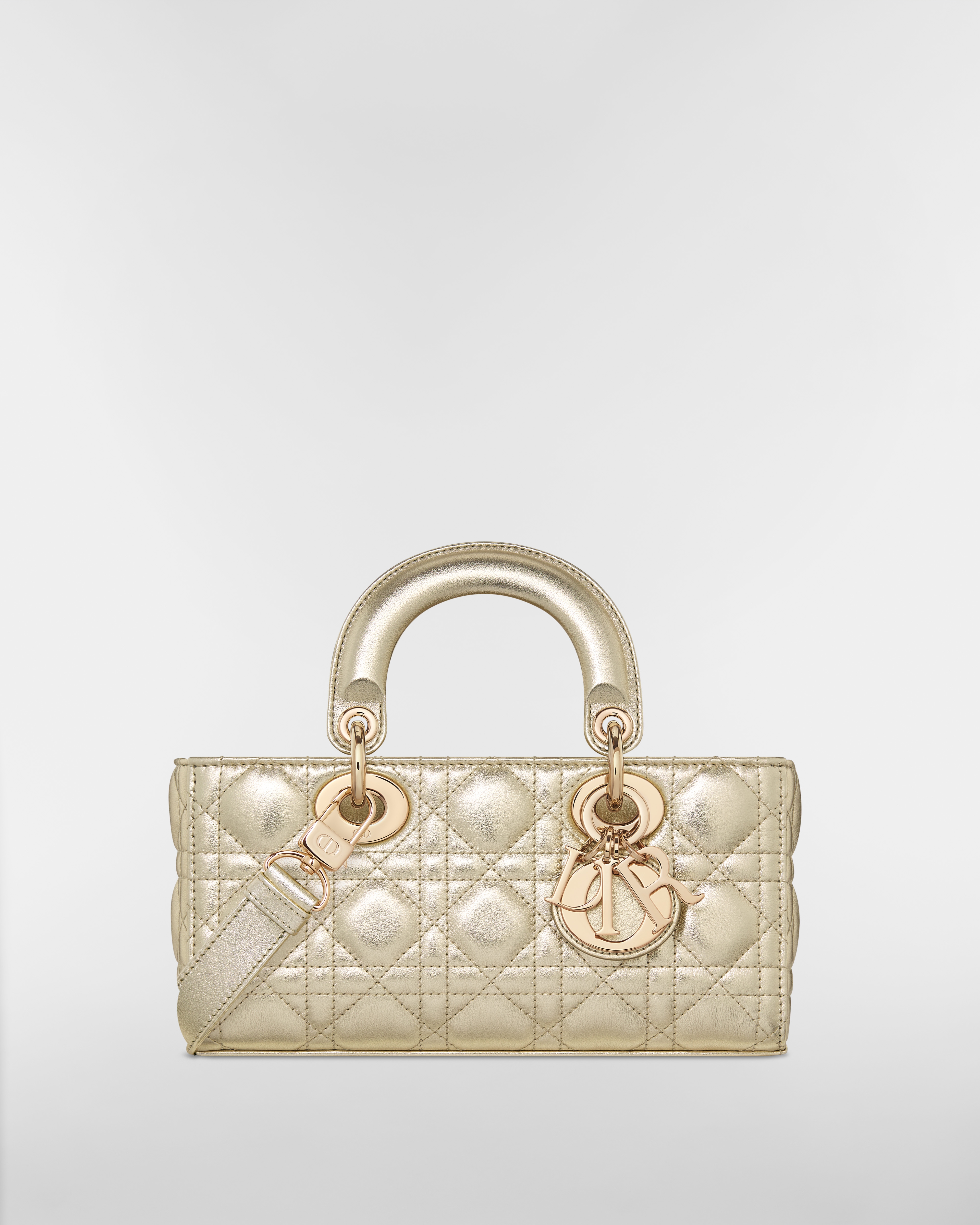 Bolsa Lady D-Joy pequena Couro de vitelo Cannage dourado metálico E01