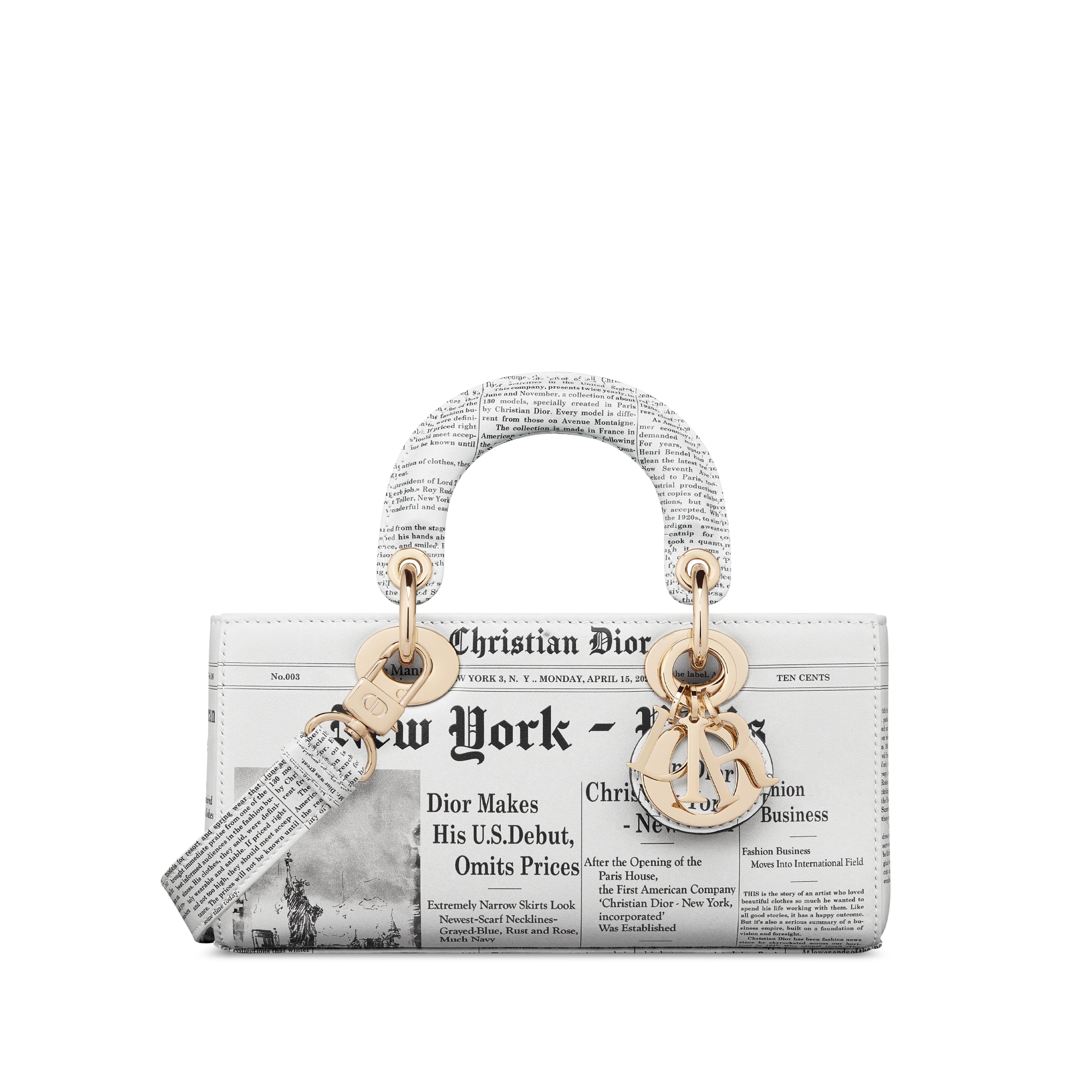 Small Lady D-Joy Bag White and Black Calfskin with Newspaper Print E01